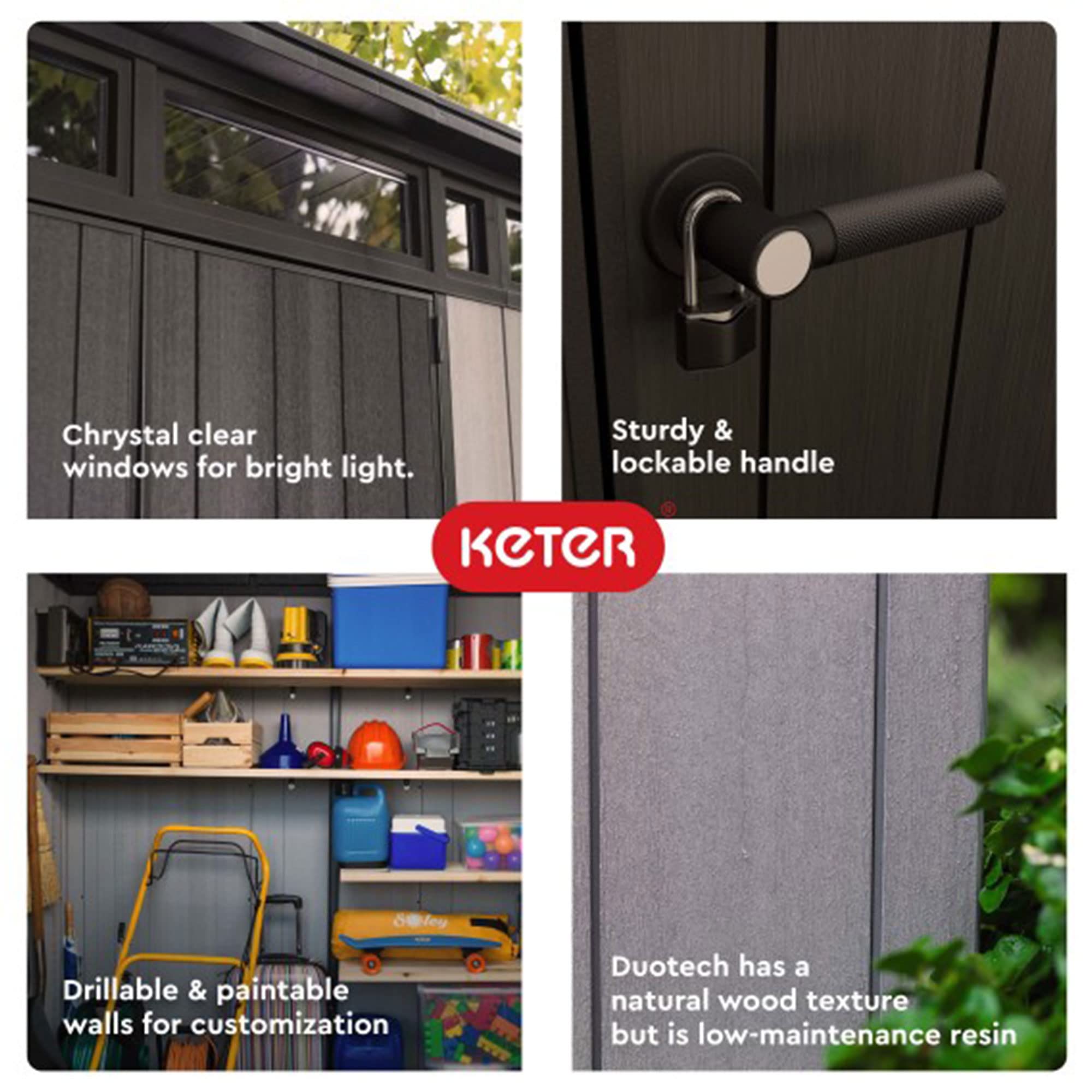 Artisan Keter 9x7 Foot Large Outdoor Shed with Floor with Modern Design for Patio Furniture, Lawn Mower, Tools, and Bike Storage, feet, Grey/Black