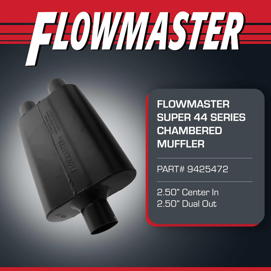 Flowmaster Super 44 Chambered Series Muffler – 2.50” - Center In/Dual Out – Aggressive Sound – 16 Gauge Aluminized Steel – For Classic & Late Muscle Cars, Street Rods, Trucks, SUVs (9425472)