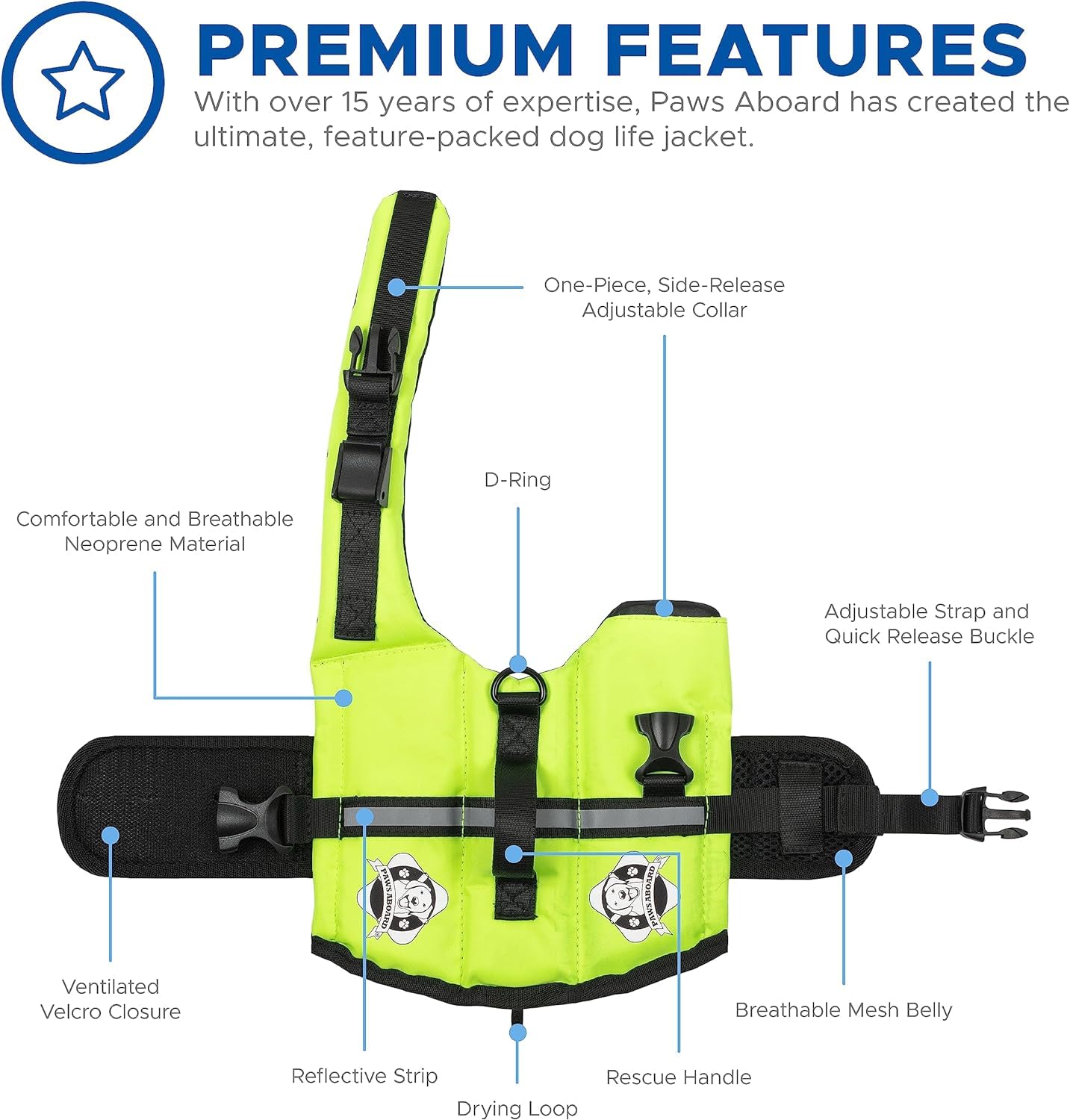 Doggy Life Jacket Paws Aboard XXS-Safety Neon Yellow