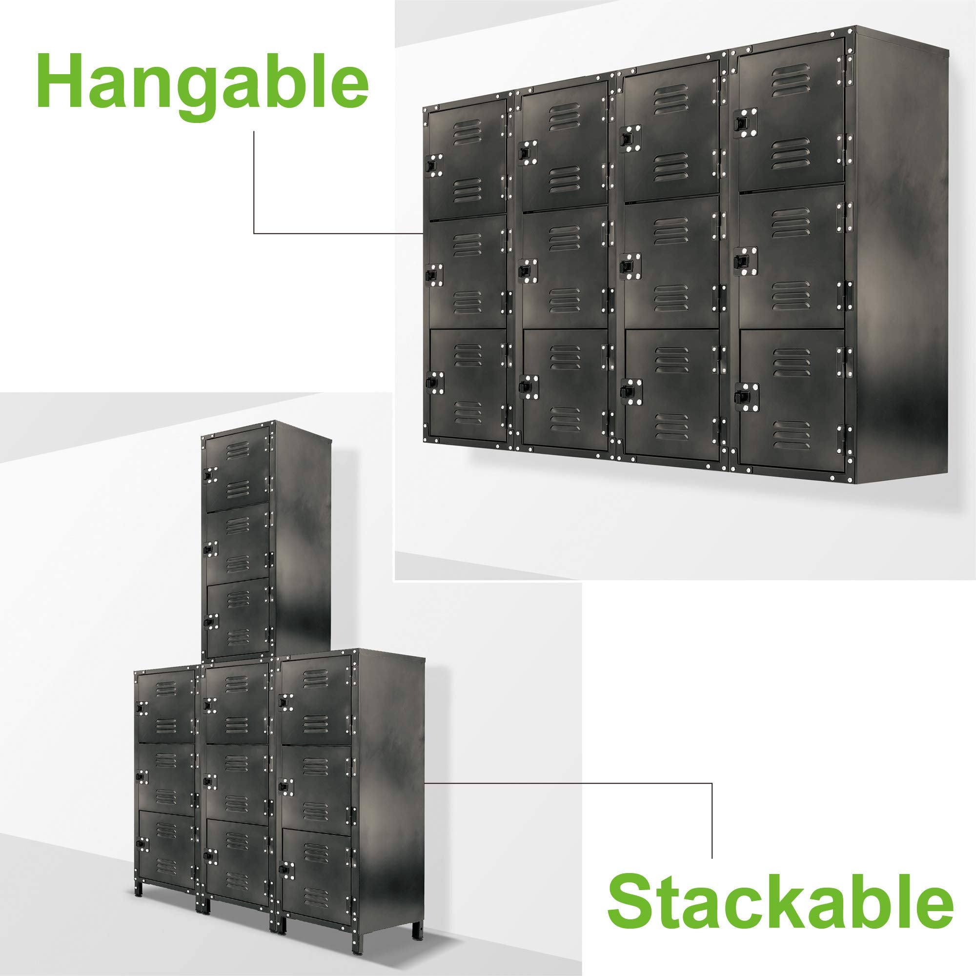 Metal Storage Locker Allspace, Slim Organizer Steel Cabinet, Lockable 3 Doors, 39" Height, Stackable for Home, Office, Gym, Kids Room-Grey 450112ET, Black