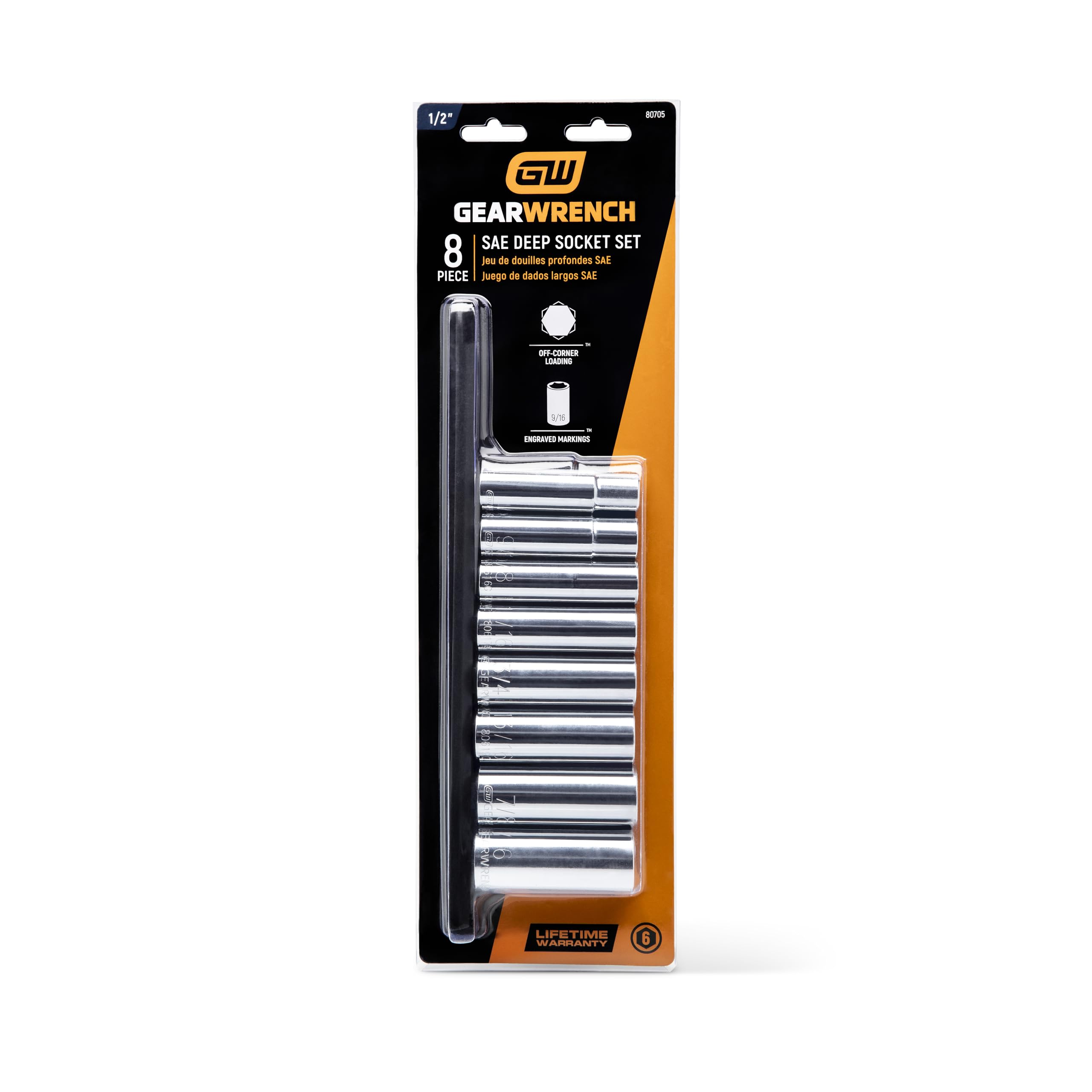 1/2" Drive GEARWRENCH Deep SAE Socket Set 8 Pc., 6 Point- 80705