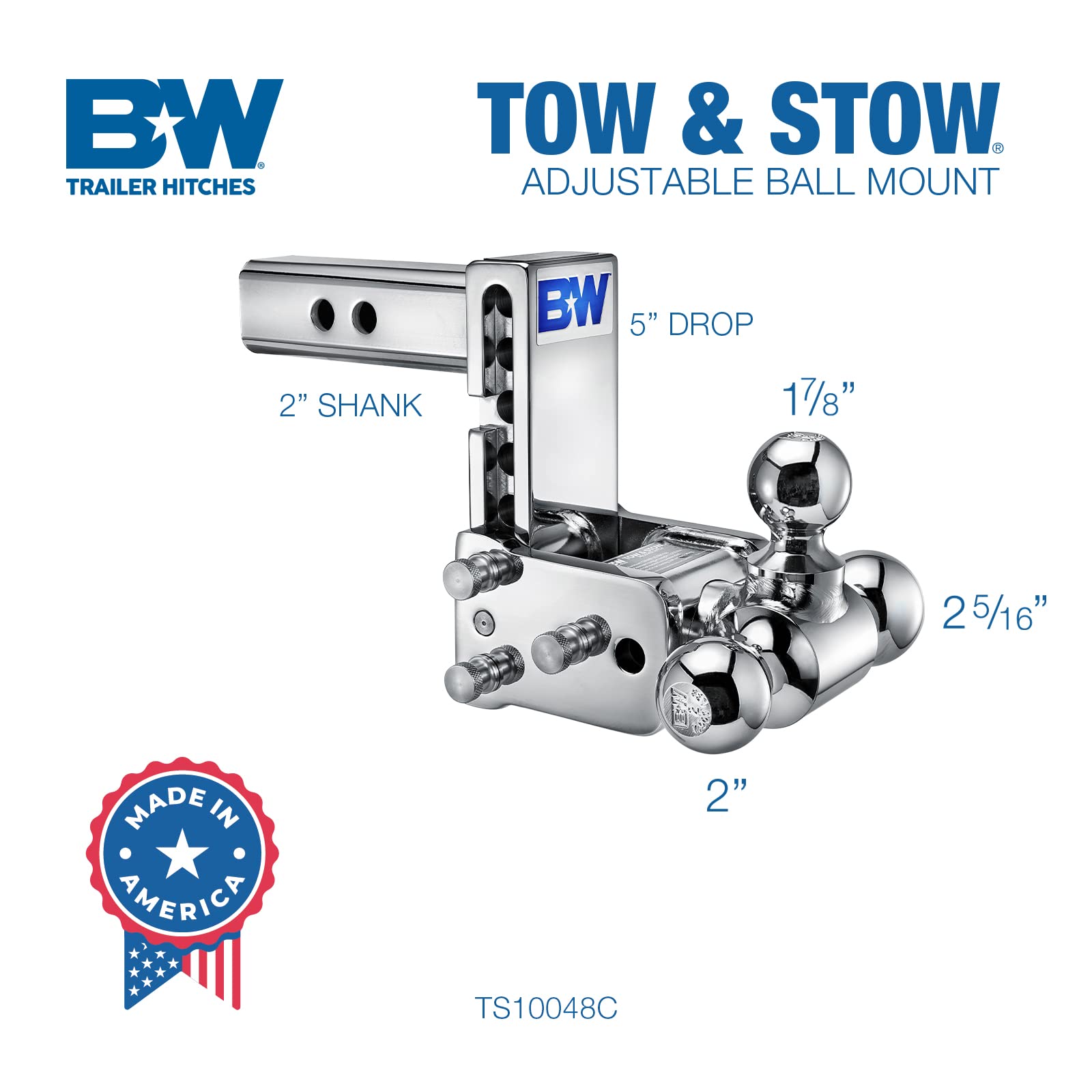 Chrome B&W Trailer Hitches Tow & Stow Adjustable Trailer Hitch Ball Mount - Fits 2" Receiver, Tri-Ball (1-7/8" x 2" x 2-5/16"), 5" Drop, 10,000 GTW - TS10048C