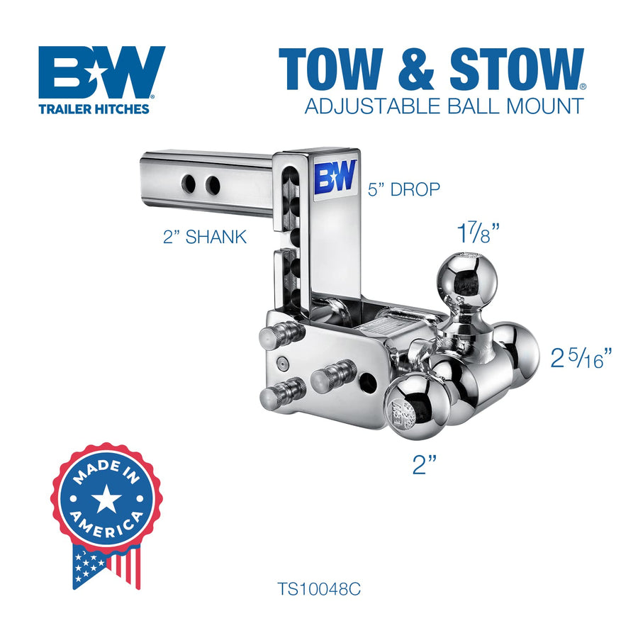 Chrome B&W Trailer Hitches Tow & Stow Adjustable Trailer Hitch Ball Mount - Fits 2" Receiver, Tri-Ball (1-7/8" x 2" x 2-5/16"), 5" Drop, 10,000 GTW - TS10048C