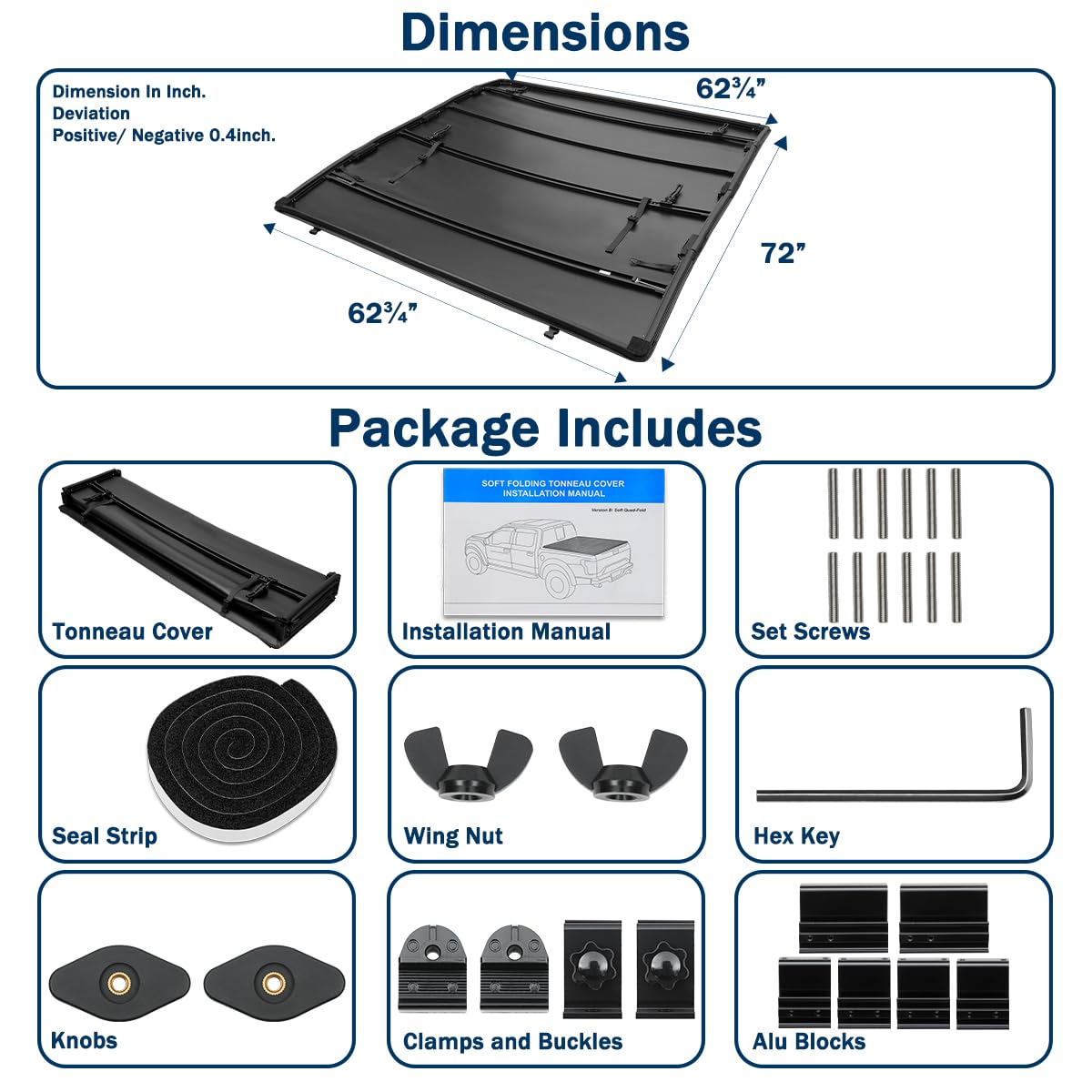Soft Quad Fold Tonneau Cover Spec-D Tuning Compatible with 2005-2023 Nissan Frontier King Cab 72", 6 FT Long Bed