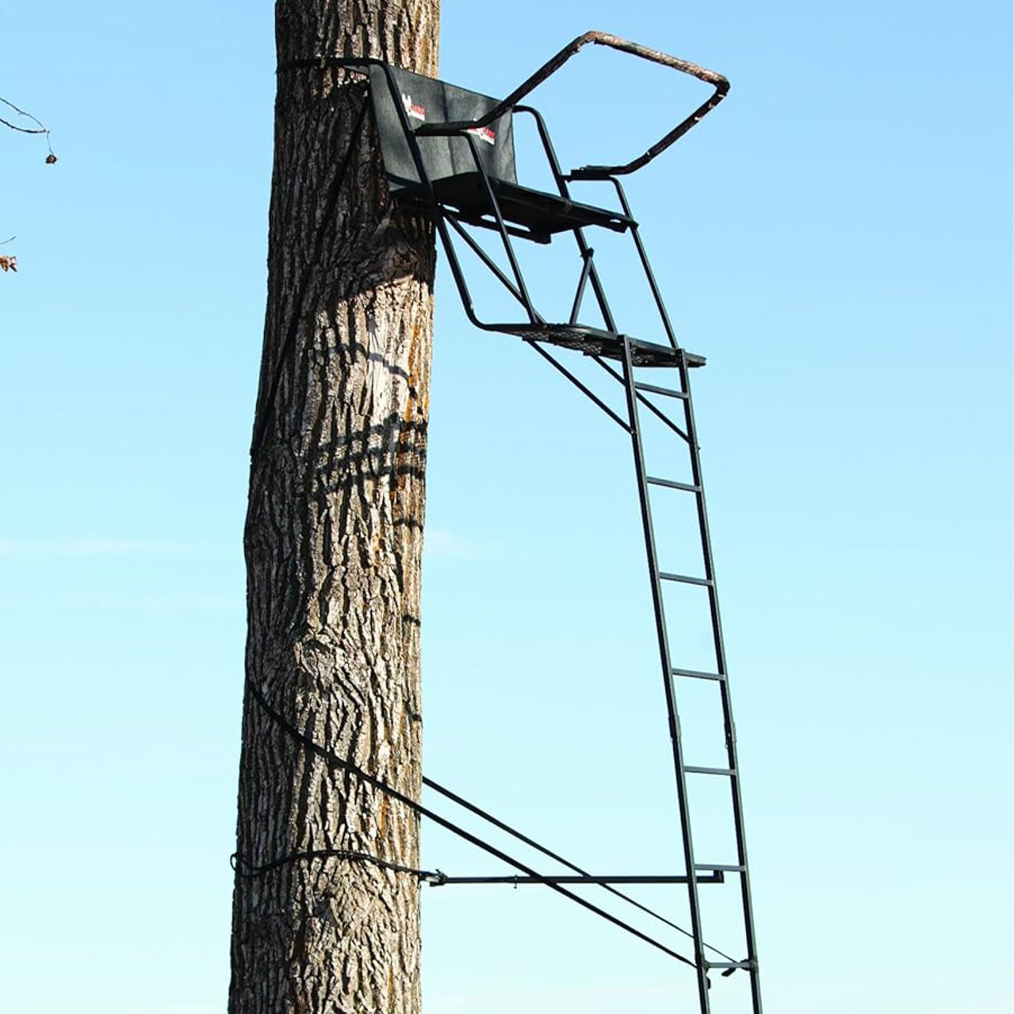2-Person BIG GAME Ladder Tree Stand for Hunting Deer with Seat, 16' Tall, Camo/Black - Adjustable Climbing Treestand with Platform and Safety Harness for Shooting