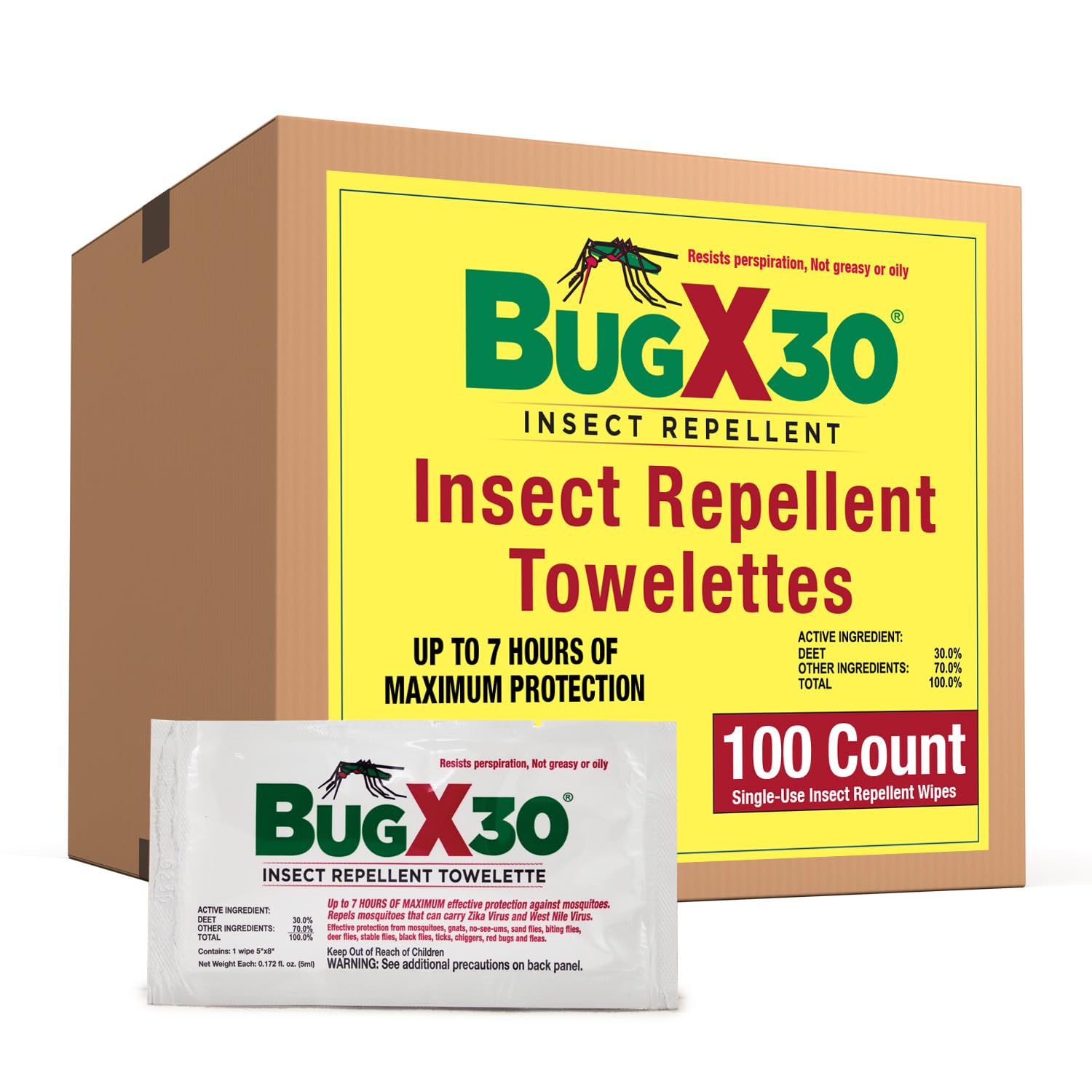 30 Mosquito, Tick, & Insect Repellent Wipes CoreTex Bug X with 30% DEET - Pack of 100 Single-Use Bug Repellent Wipes for Up to 7 Hours of Reliable Protection Against 12 Types of Biting Insects