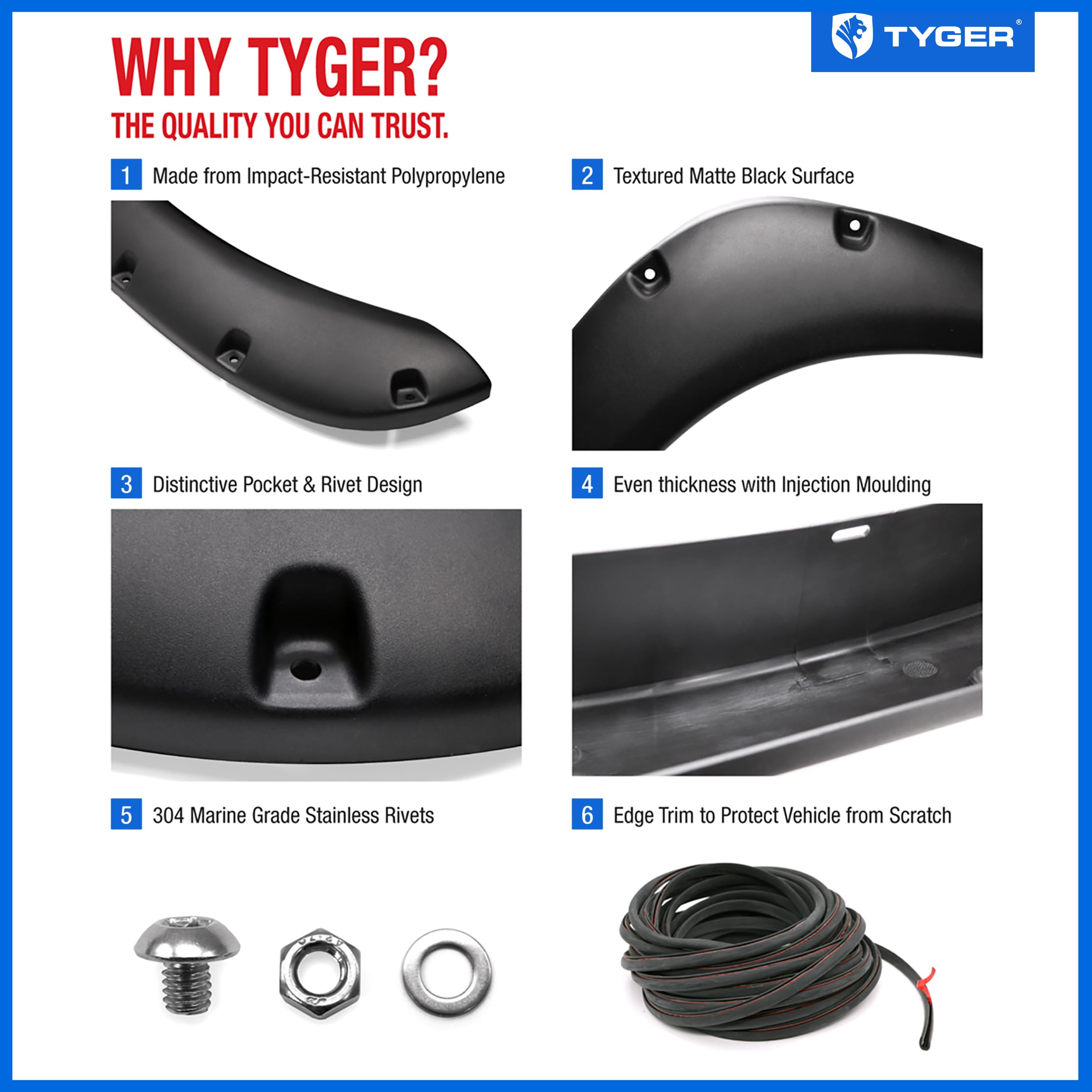 Tyger Auto Fender Flare Compatible with 2002-2008 Dodge Ram 1500; 2500 3500 2003-2009 (Not Fit 06-09 8ft Bed Models), Fine-Textured Black Paintable Bolt-Riveted Style 4pc | TG-FF8D4078