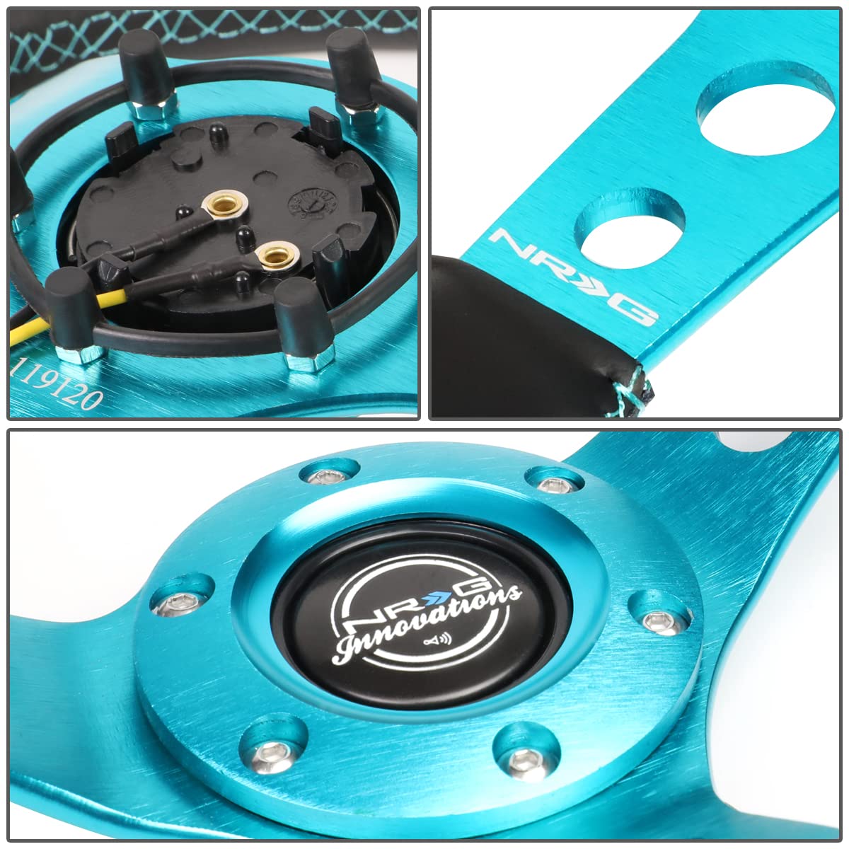 NRG Innovations Reinforced NRG-RST-006TL Steering Wheel 350mm Sport Steering Wheel (3" Deep), Black Leather Teal Center Mark with Teal Stitching and Teal Center Spoke