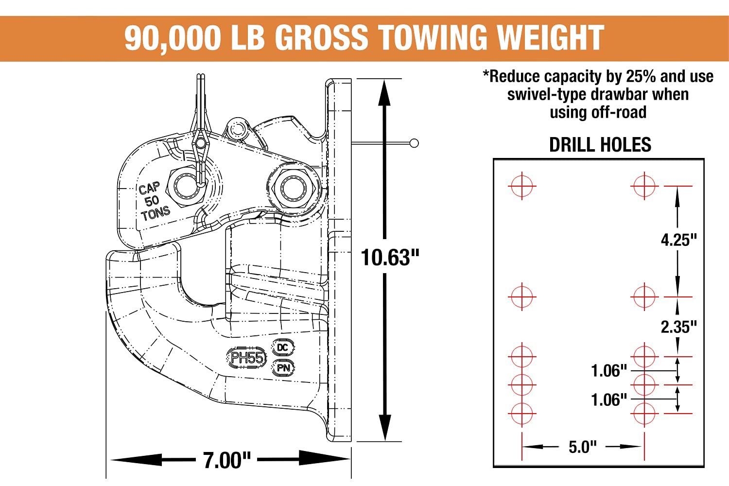 50 Ton Buyers Products Air Compensated Pintle Hook, 10-Hole Mount