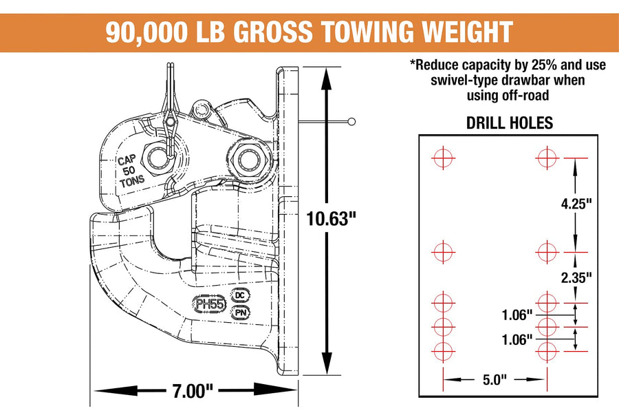 50 Ton Buyers Products Air Compensated Pintle Hook, 10-Hole Mount