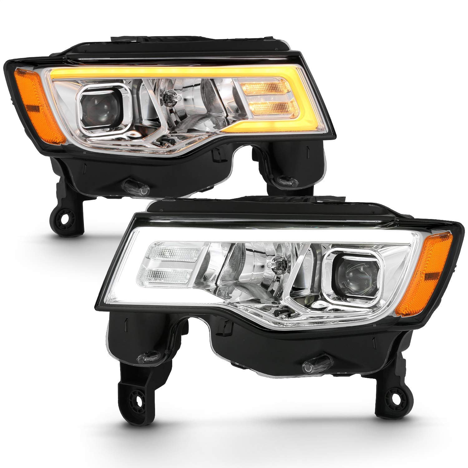 2017-2018 Jeep Grand Cherokee ANZO (111419) Projector Headlights w/Plank Style Switchback - Chrome w/Amber
