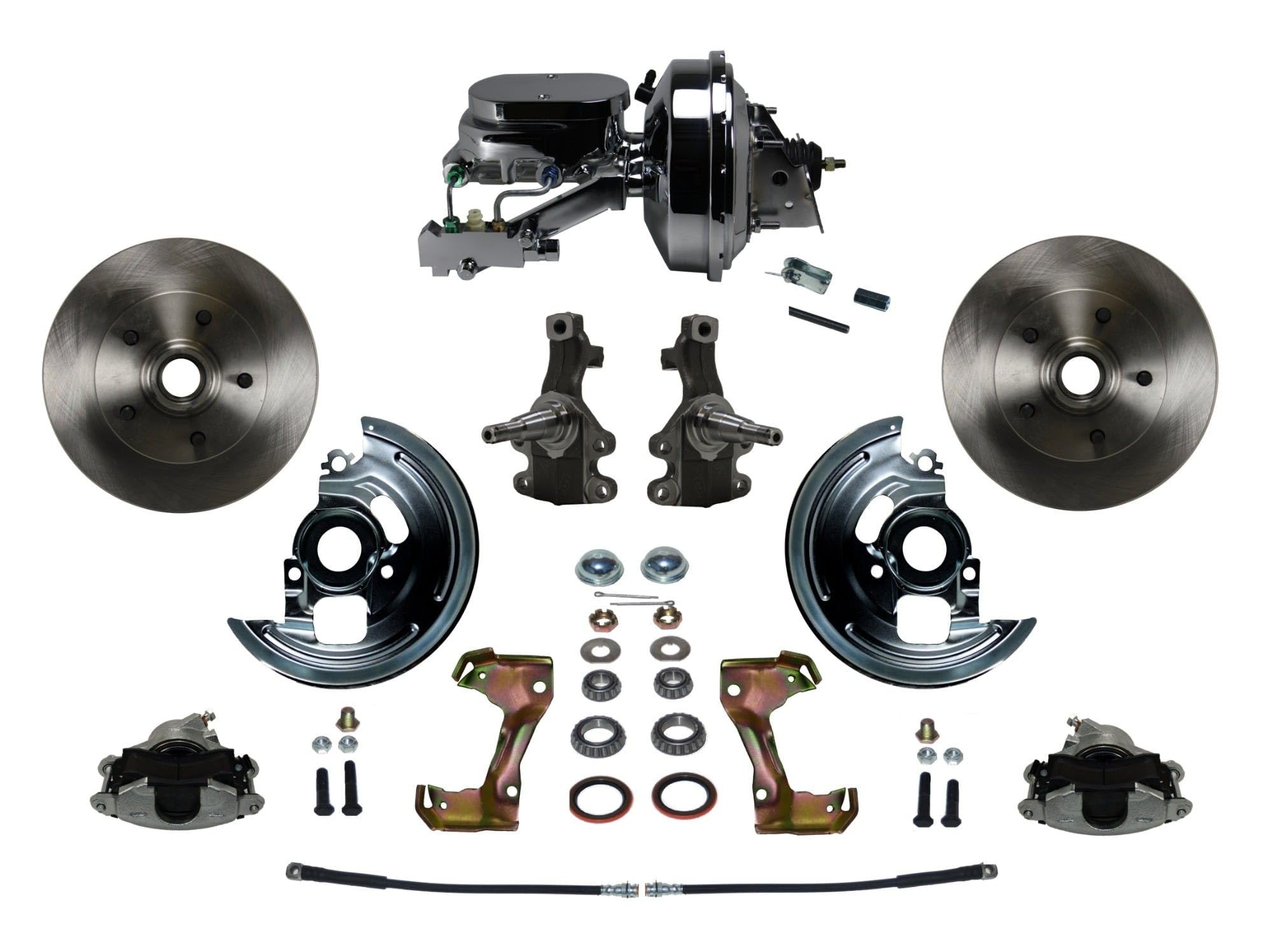 Power LEED BRAKES Front Disc Brake Conversion Kit 2" Drop Spindle With 9" Chrome Booster Flat Top Chrome M/C Disc/Disc Side Mount