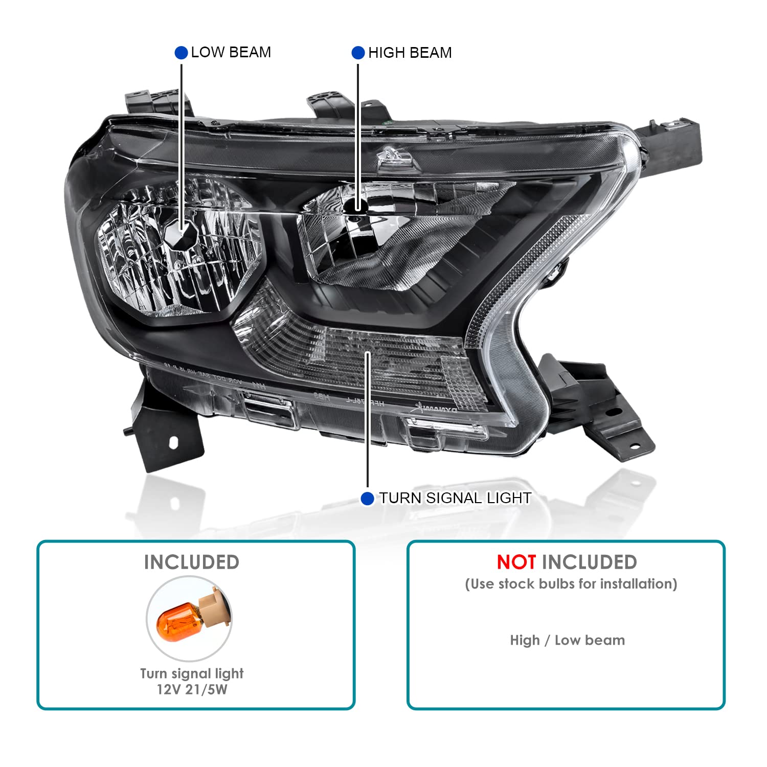 Clear Lens Black Housing Headlights Compatible with Spec-D Tuning Ford Ranger XL/XLT 2019-2022, L+R Pair Head Lights Lamps