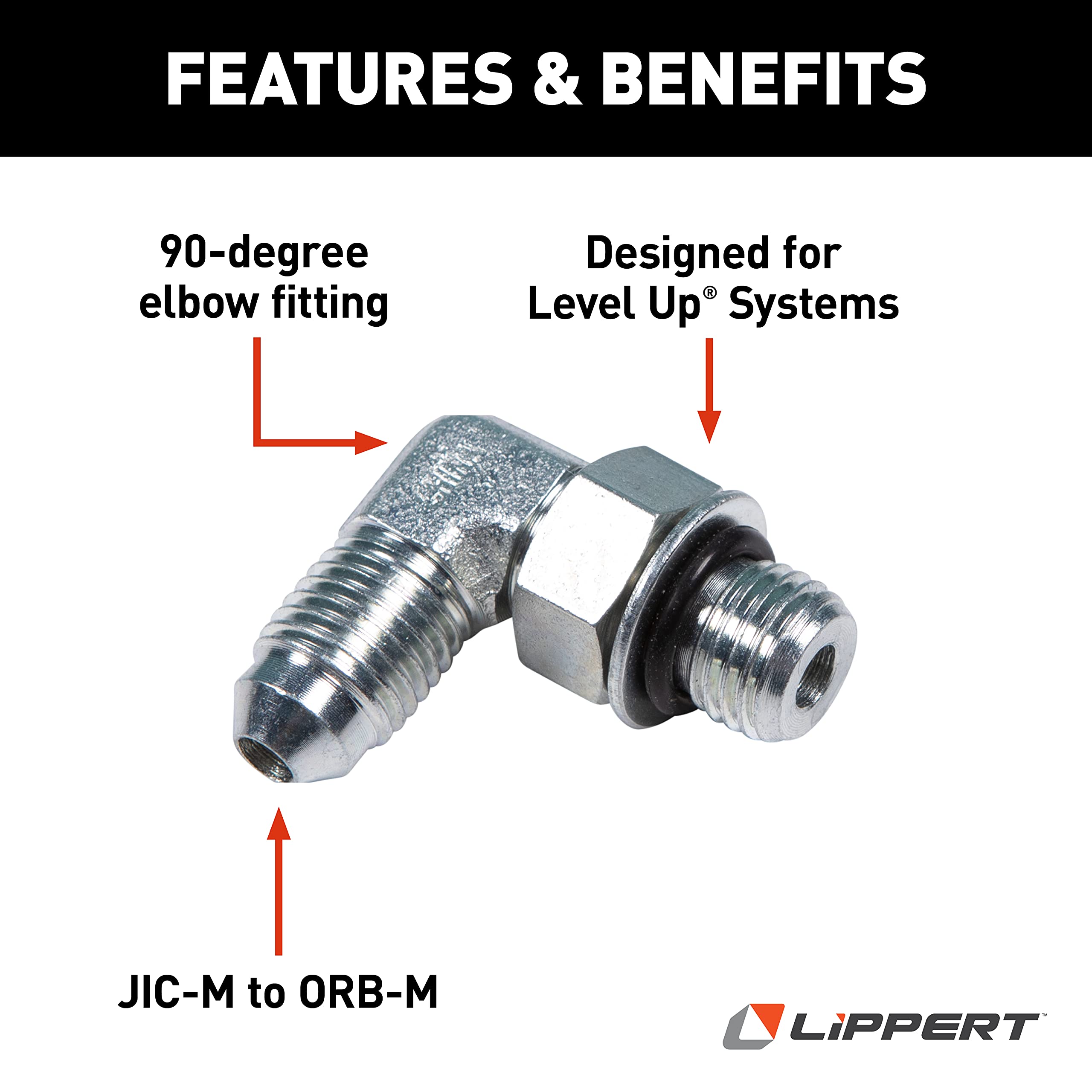 Lippert Replacement Level Up 1/4" Diameter 90° Elbow Hydraulic RV Leveling System Fitting for 5th Wheel RVs & Travel Trailers, JIC-M to ORB-M Adjustable Ports - 6801-04-04
