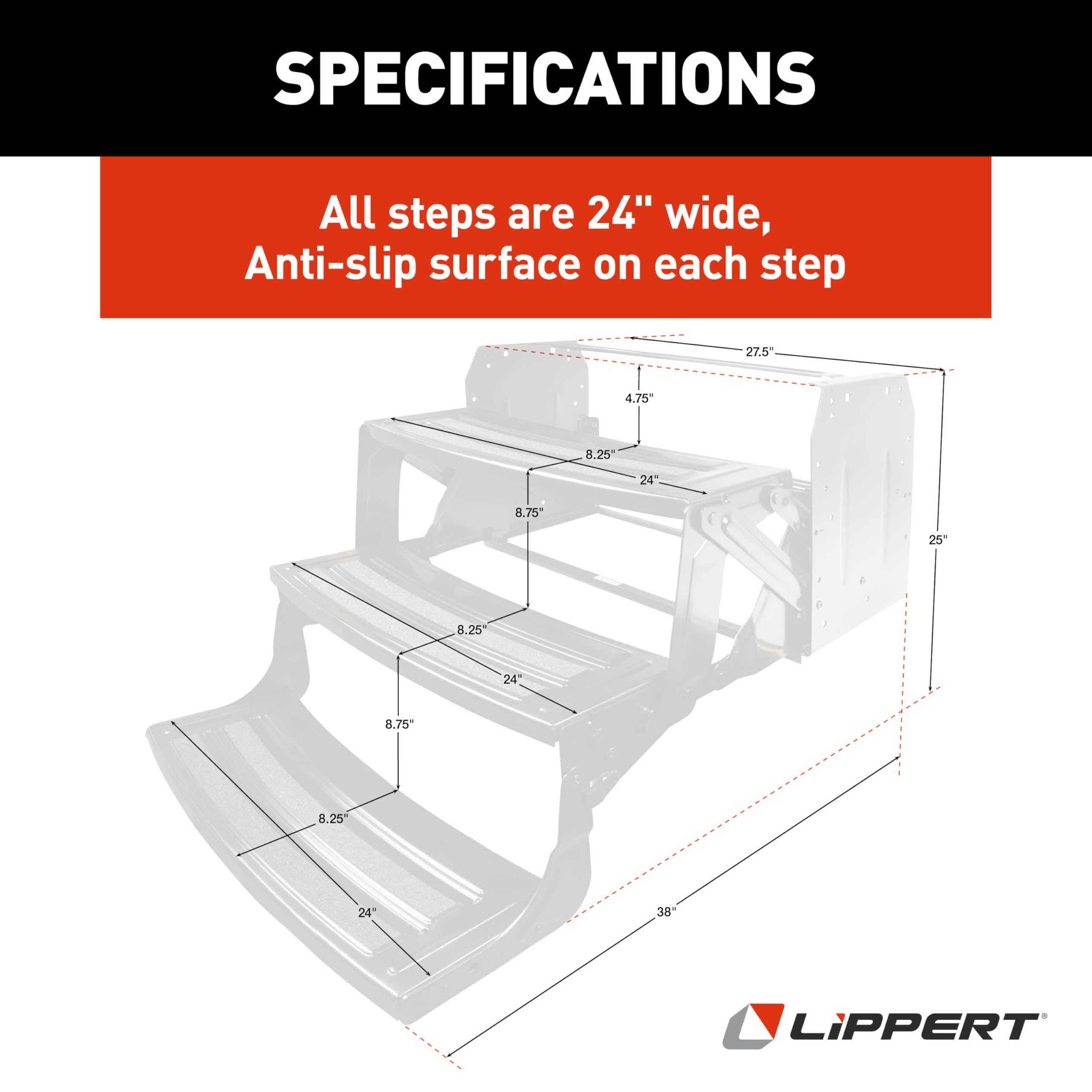 24" Radius Lippert Triple Manual RV Steps, 9" Rise for 5th Wheel RVs, Travel Trailers and Motorhomes, Anti-Slip Stepping Surface - 1774401