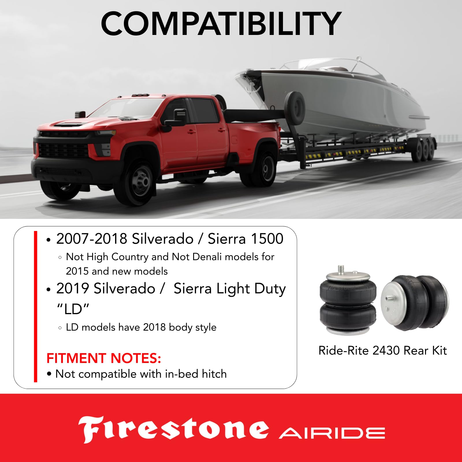 Firestone 2430 Ride-Rite Airide Rear Springs Kit fits 2007-2018 Silverado Sierra 1500 and 2019 Silverado Sierra 1500 Light Duty Models Only | 5-100 PSI | Load Capacity of 5,000 Pounds