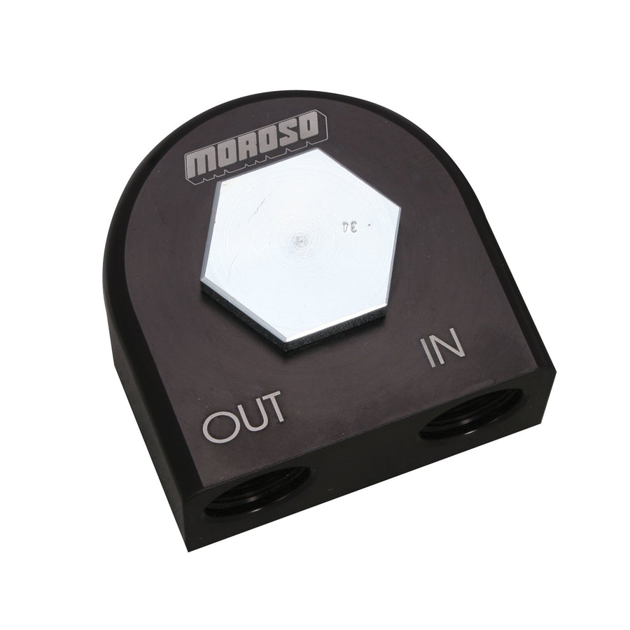 23683 Moroso Remote Oil Filter Adapter, 90 Deg, 13/16" -16
