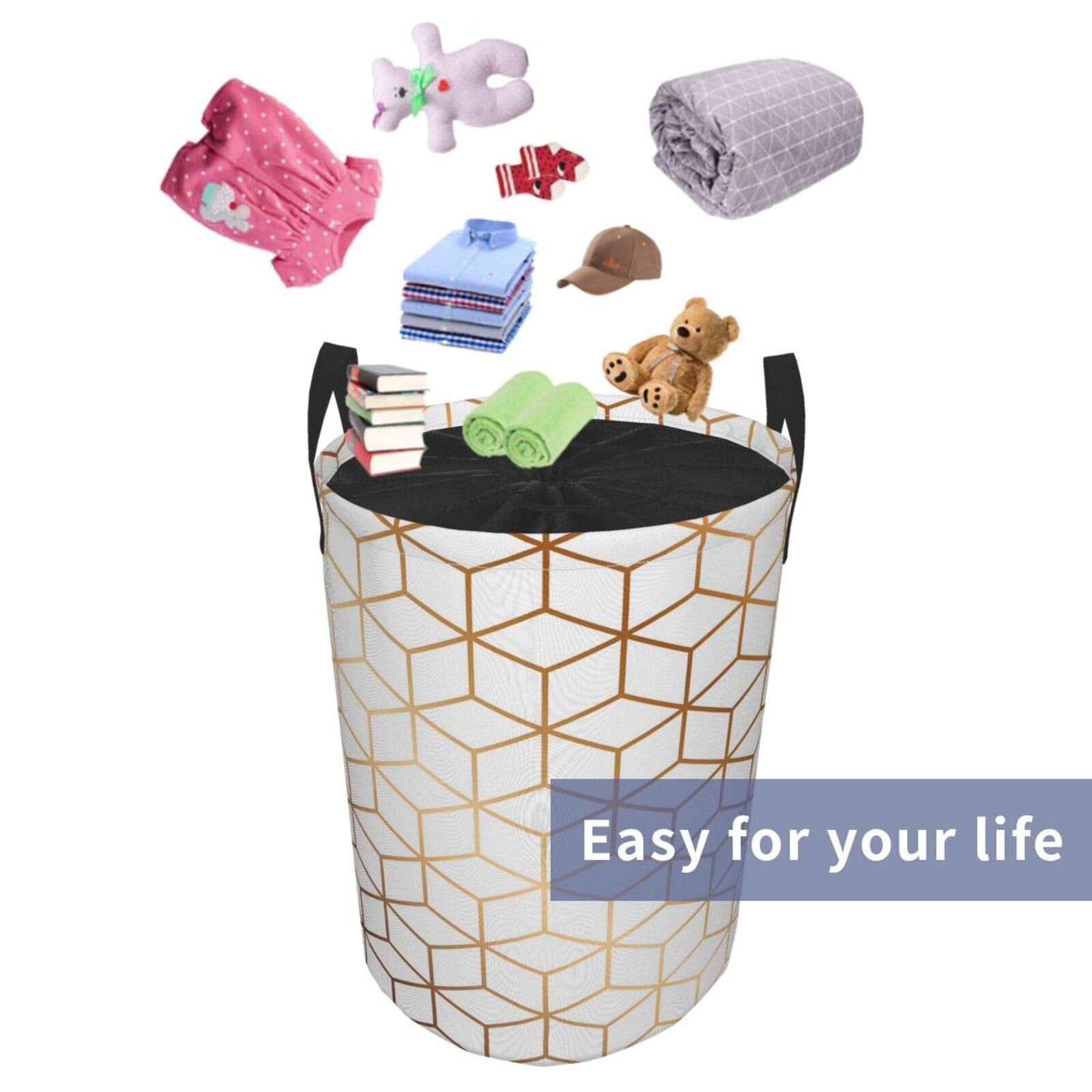 Marble Texture Large Storage Baskets, Pattern Design With Golden Cubes, Geometric, Drawstring Waterproof Round Collapsible Laundry Hamper for Dirty Clothes Toy Home Office 21.6"X16.5"