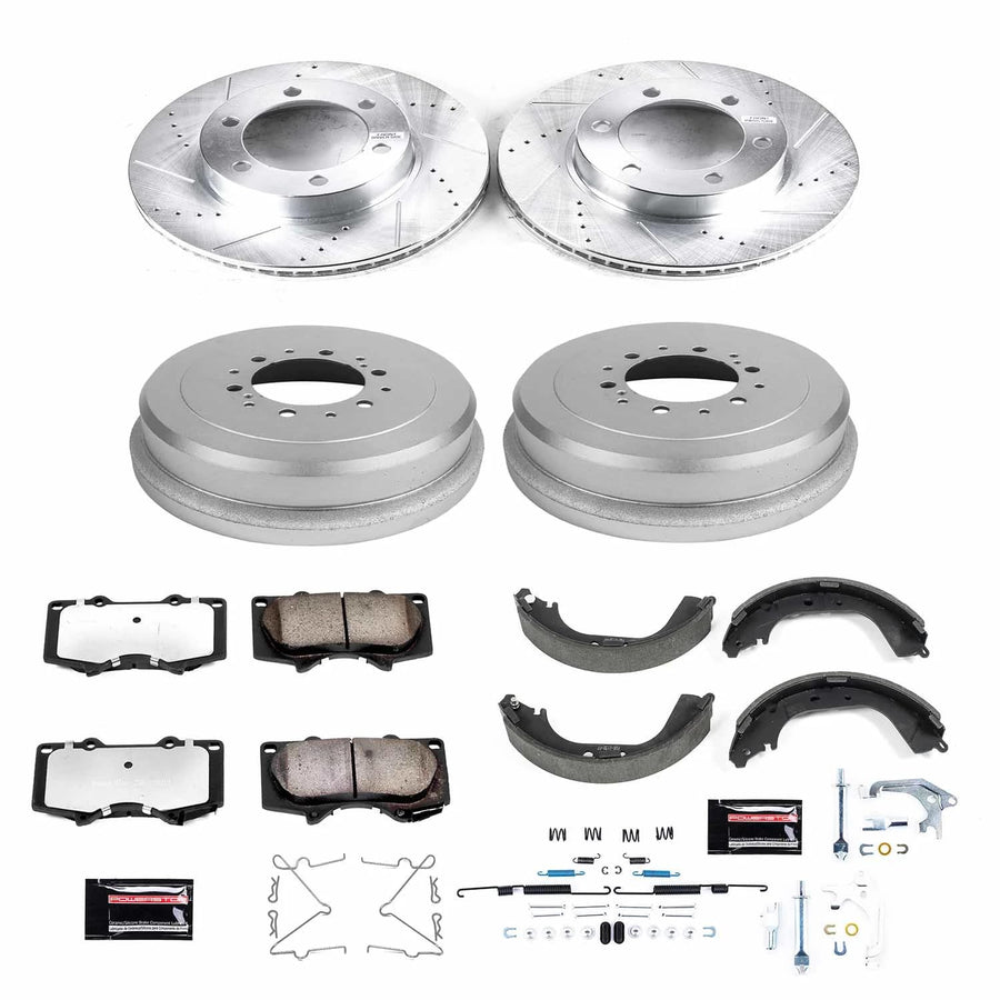 Power Stop Brake Kit Front and Rear For 2000 2001 2002 2003 Toyota Tundra - Truck & Tow Carbon Fiber Ceramic Pads, Drums, & Drilled and Slotted Rotors Replacement, K15098DK-36