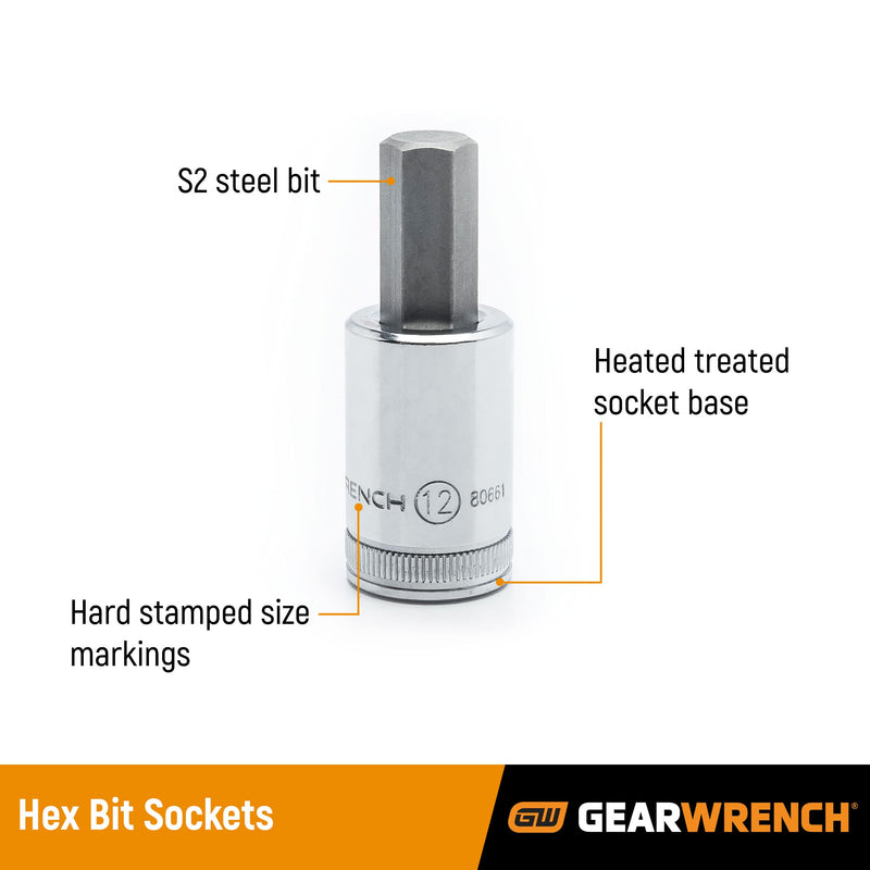 12 Pc. GEARWRENCH 3/8" Drive Hex Bit Socket Set, Metric - 80580