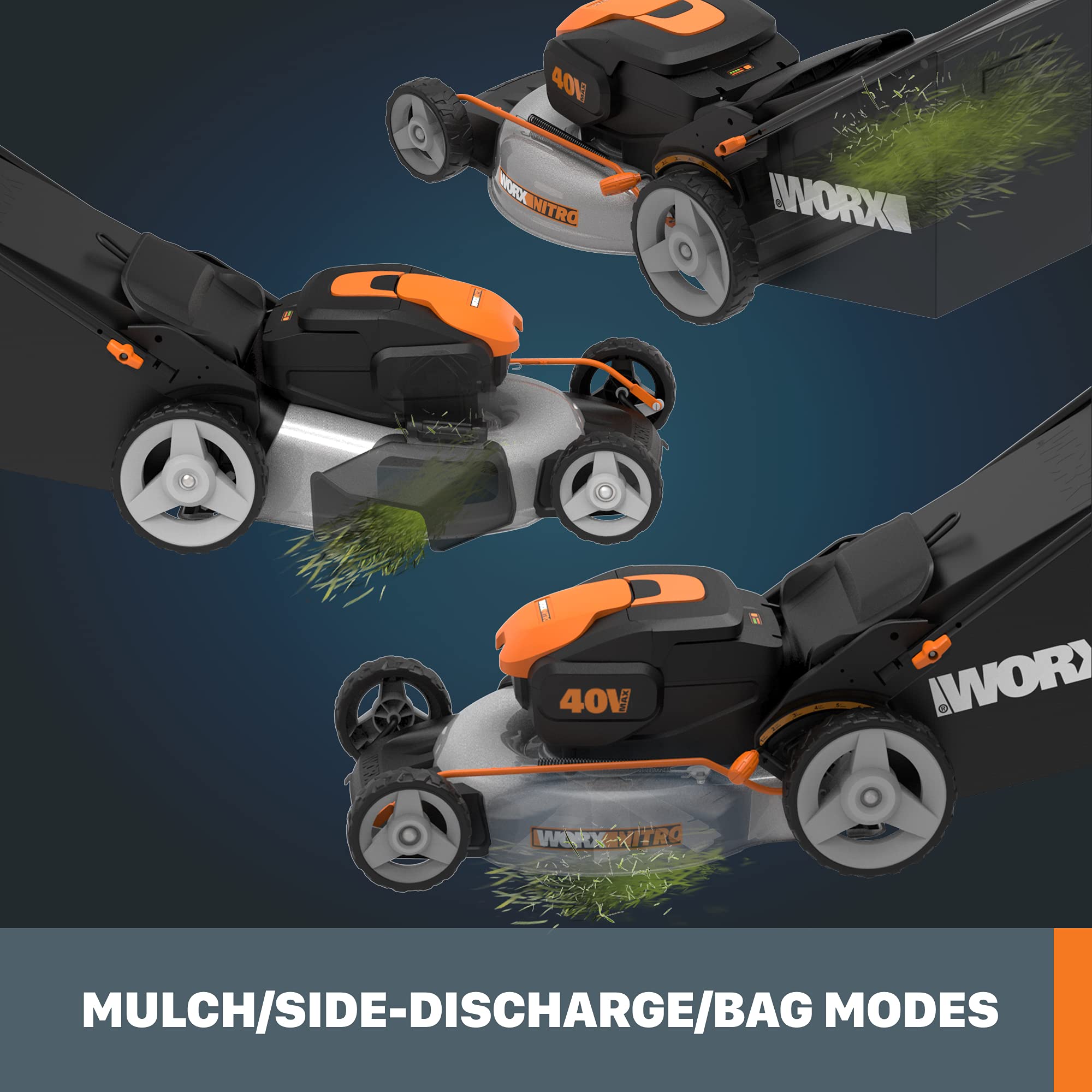 Worx 20" Cordless Lawn Mower Nitro, 3 in 1 Electric Mower with Collapsible Handle, Push Lawn Mower with 7-Position Height Adjustment, 2 Batteries & Charger Included, WG751.3