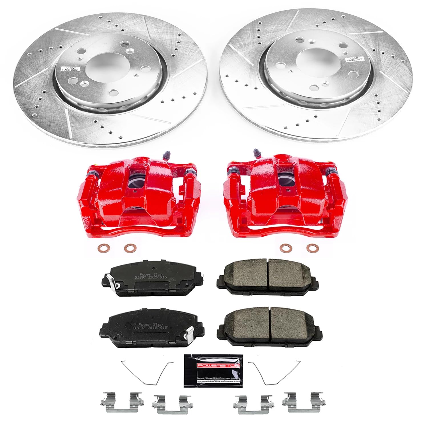 Power Stop Z23 KC6955 Evolution Sport Front Caliper Brake Kit-Drilled/Slotted Rotors, Carbon Ceramic Brake Pads, Calipers For Acura RLX 2014-2020 [Model Specific]