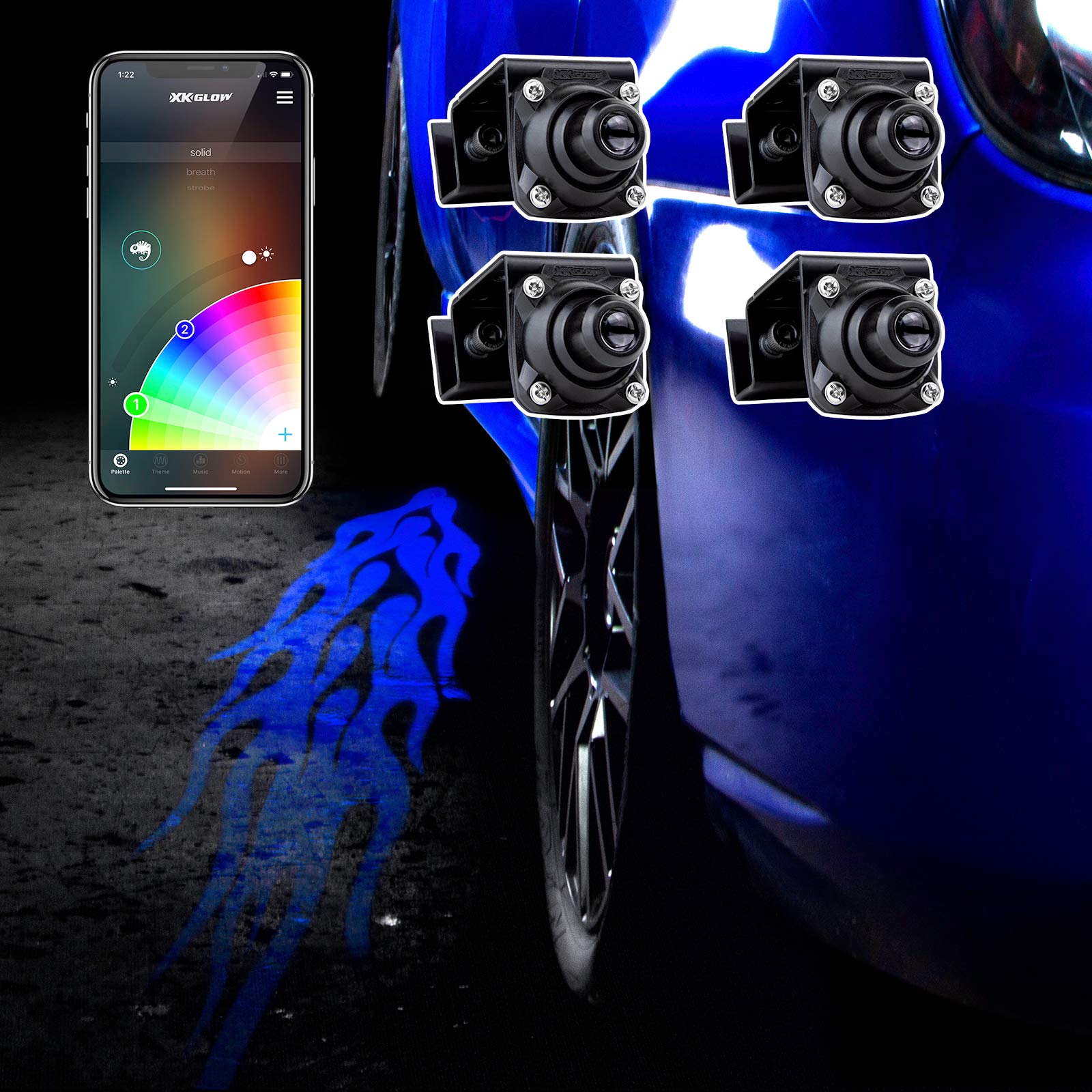 XKchrome CurbFX 4pc Bluetooth App Control Waterproof LED Projector Welcome Light Flame Style