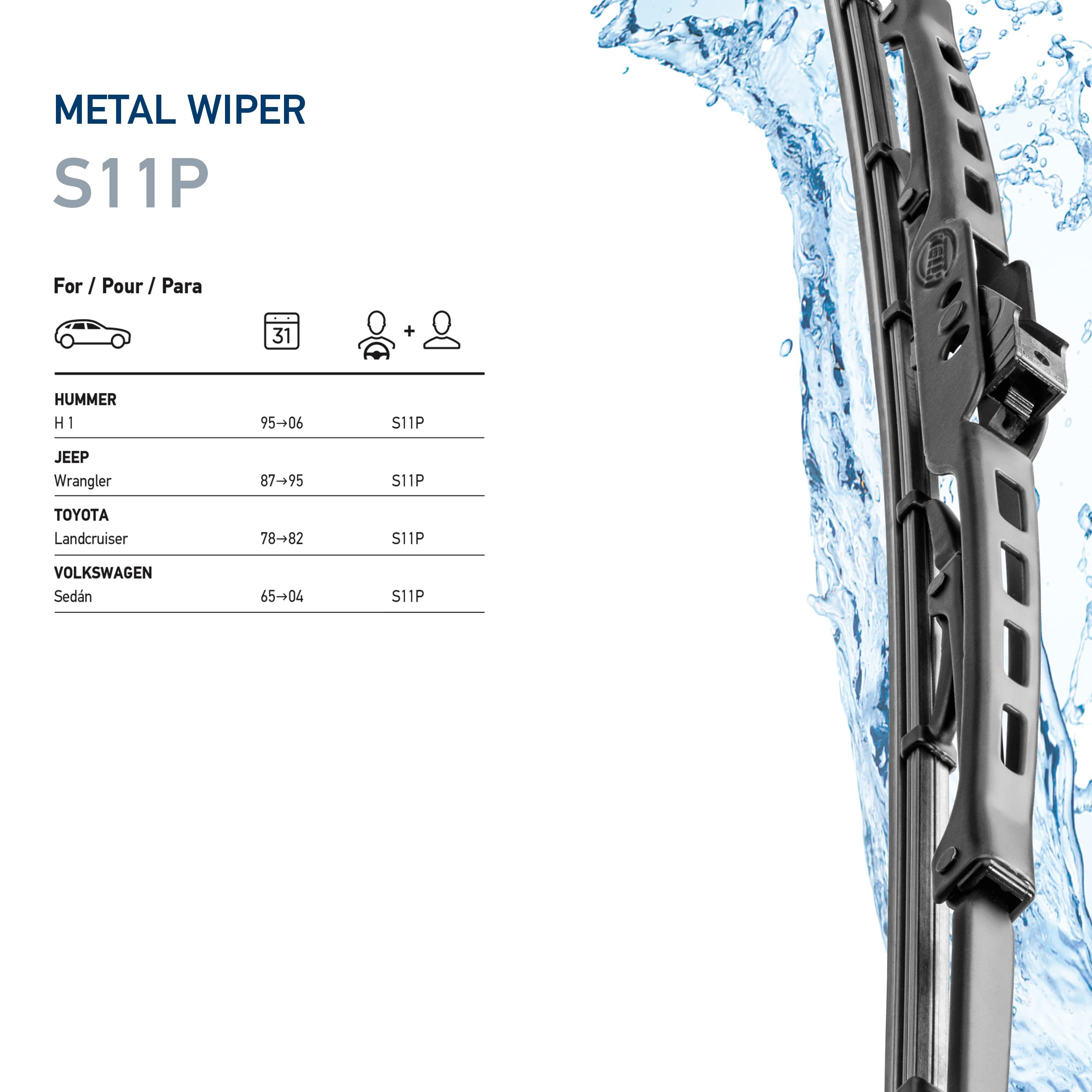 Hella 11 Inch OE Quality All Seasons Streak-Free Rubber Standard Wiper Blade (2 Blades) fit select Hummer Jeep Toyota Volkswagen / 9XW398114011