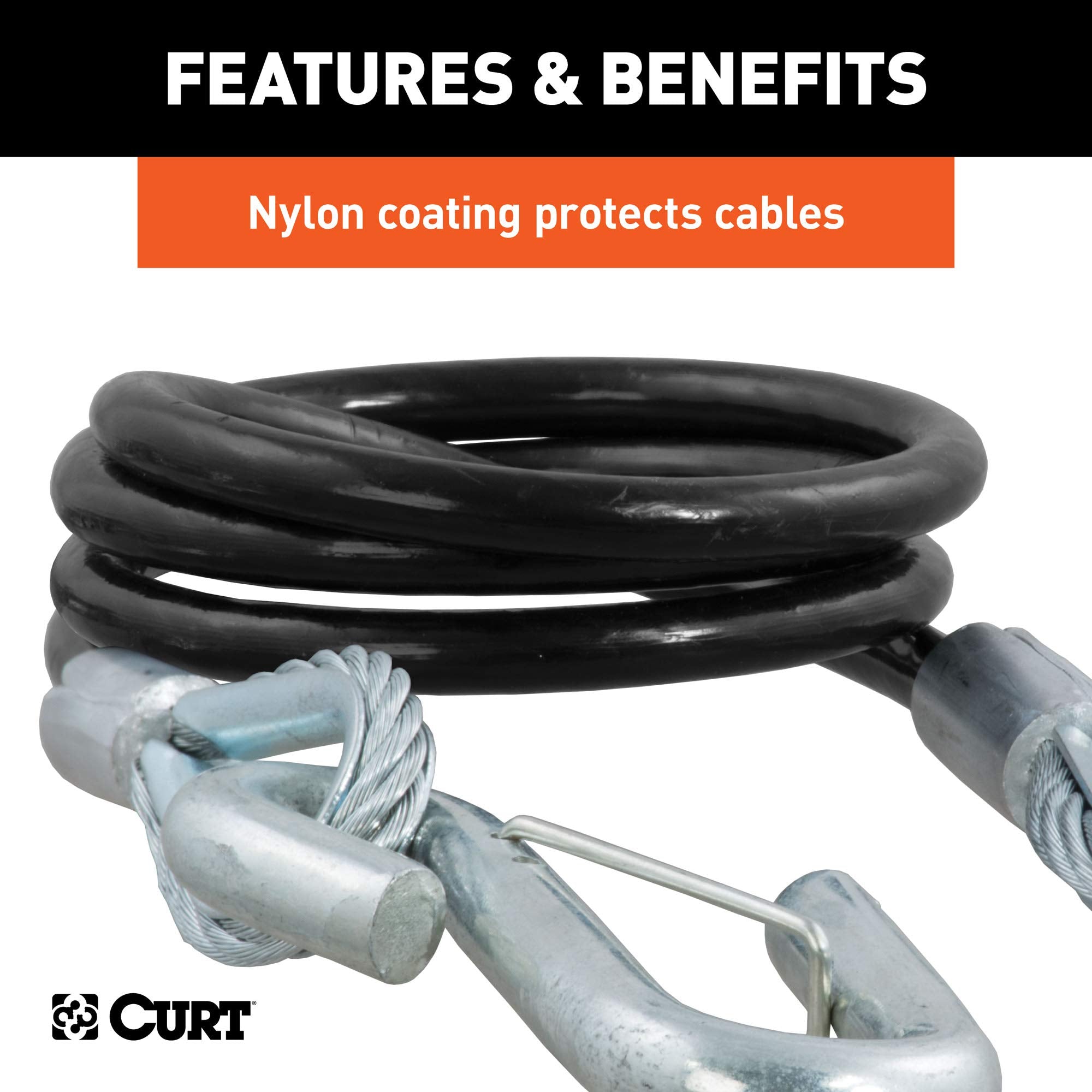 CURT 80151 Vinyl-Coated 44-1/2-Inch Trailer Safety Cables, 7/16-In Snap Hooks, 5,000 lbs Break Strength, 2-Pack