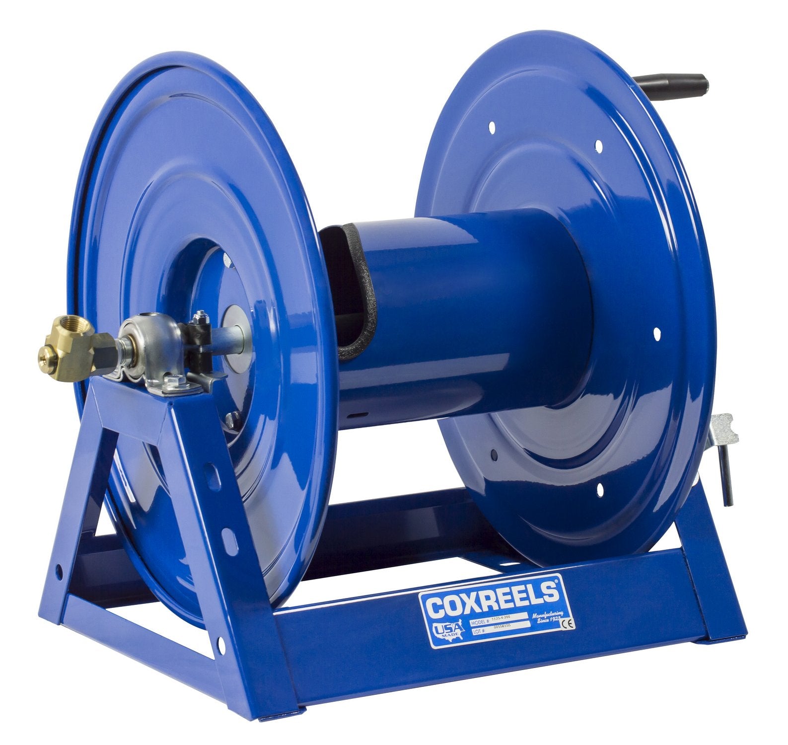 1125-5-100 Coxreels Hand Crank Steel Hose Reel, 1125 Series – ¾” x 100’, 3,000 PSI - Heavy Duty All Welded Steel A Frame - Adjustable Tension Break – Made in the USA, Blue