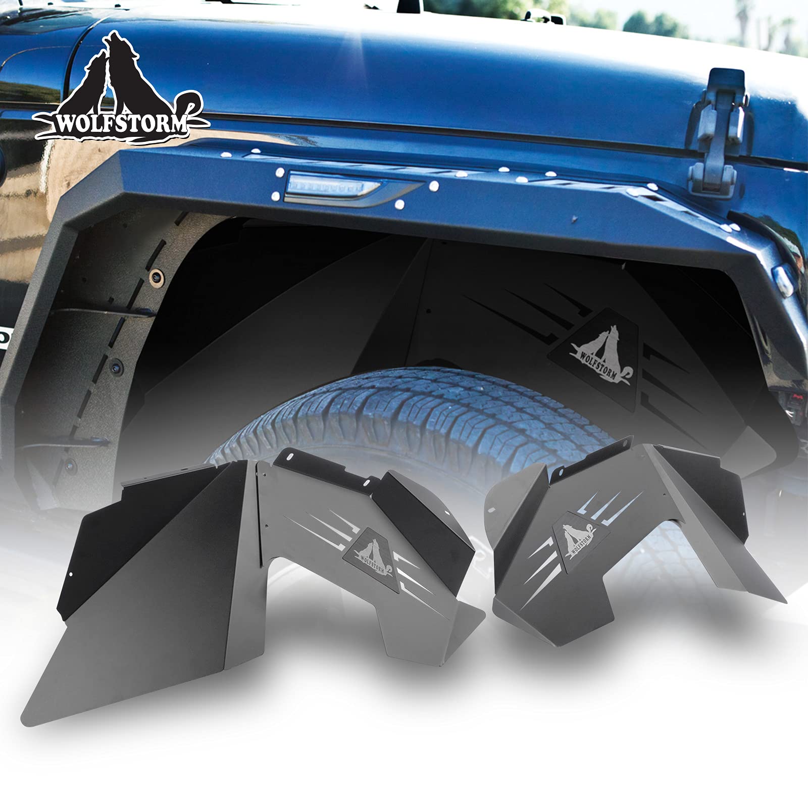 WOLFSTORM Fender Flares Front Liners for 2007-2018 Jeep Wrangler JK/JKU,2 PCS Steel Inner Front Fender Flares Liner Compatible for 2007-2018 Jeep Wrangler JK & JKU,Black