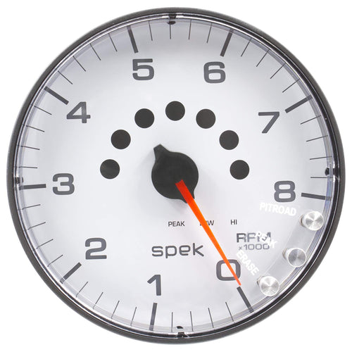 Auto Meter Gauge P238128, Tachometer, 5", 8K RPM, W/Shift Light & Peak Mem, White/Black, Spek-Pro