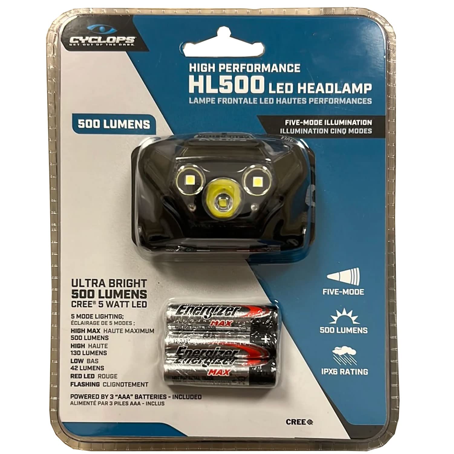 HL500 Cyclops Headlamp | Tactical Durable Lightweight Compact Adjustable Headband Weather Resistant IPX6 Bright LED 500 Lumen Head Flashlight | AAA Batteries Included
