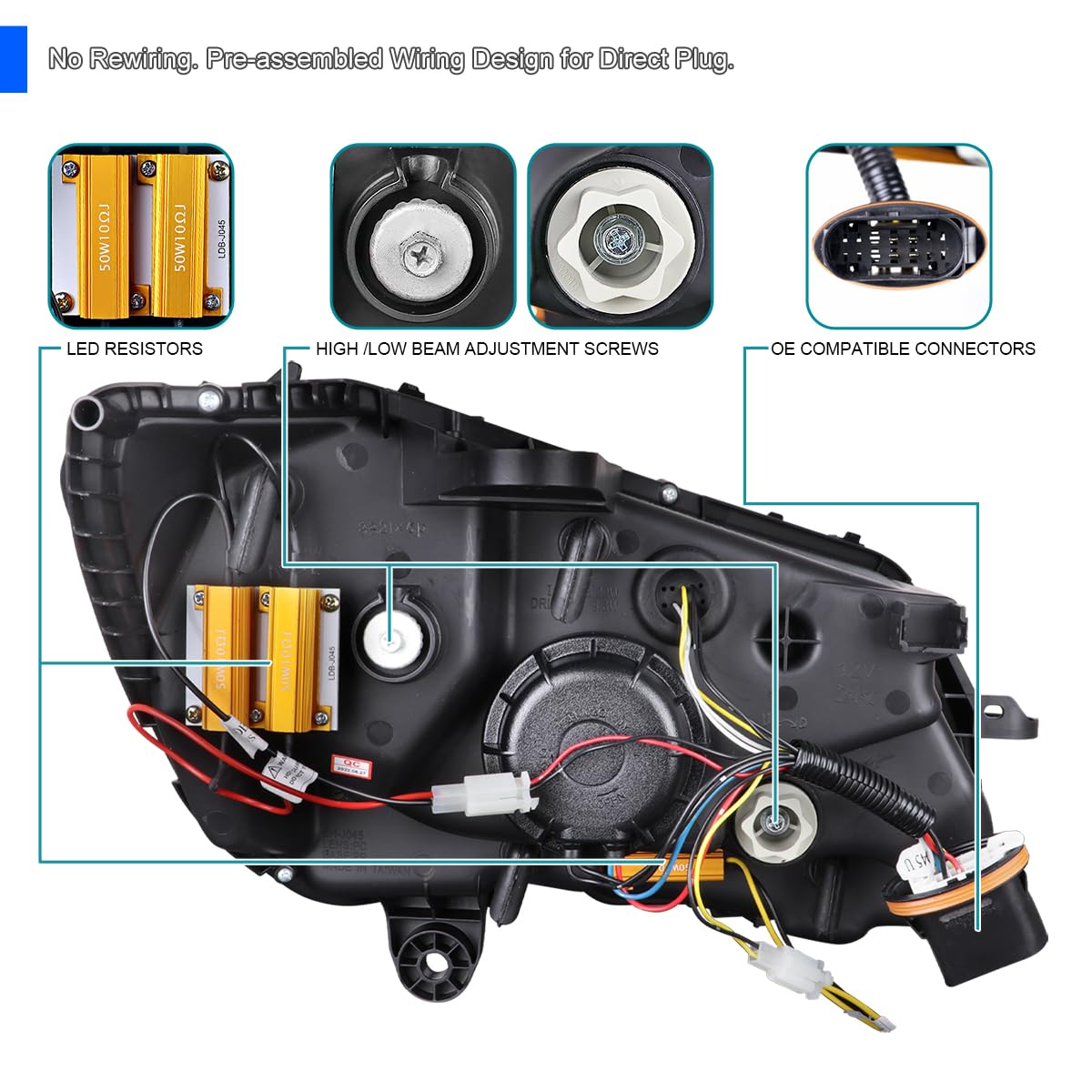 Black SPEC-D TUNING Projector Headlights w/Switchback LED Strips and Sequential Turn Signal Compatible with 2015-2018 Mercedes-Benz C-Class W205