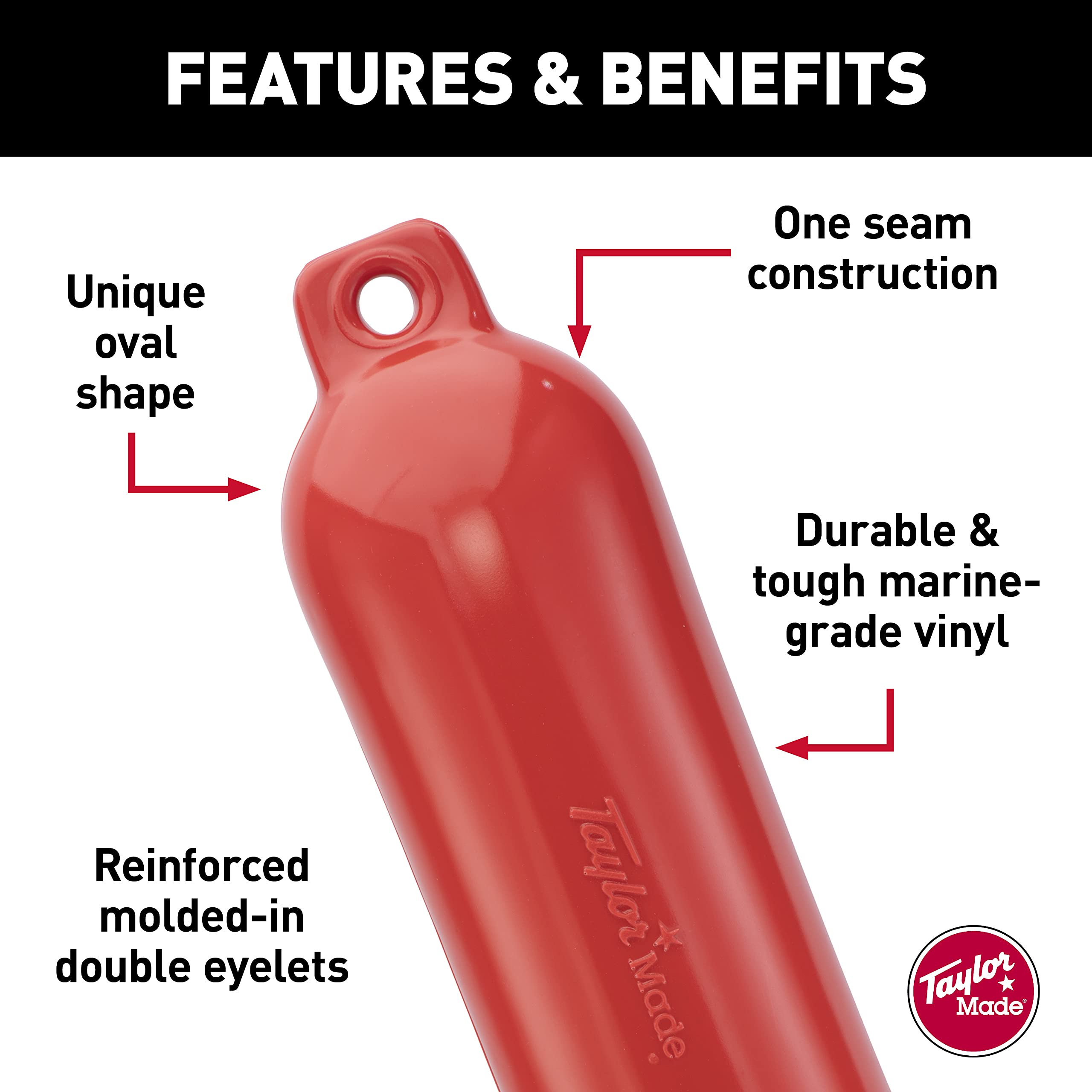 Hull-Gard Taylor Made Inflatable Boat Fender, Ruby Red (10.5" x 30"), Unique Oval Shape, Molded Football Needle Inflation Valve, Seamless Construction, Double Eyelets - 551024