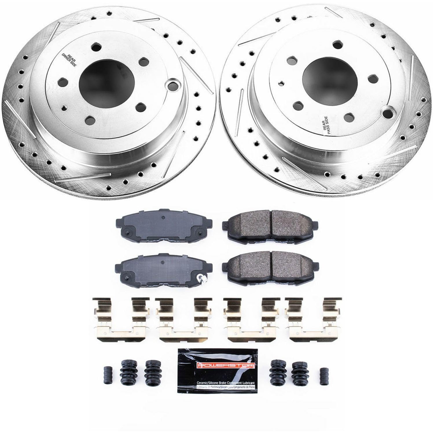Power Stop K4601 Z23 Rear Carbon Fiber Brake Pads with Drilled & Slotted Brake Rotors Kit For Mazda MPV 2004-2006 [Model Specific]