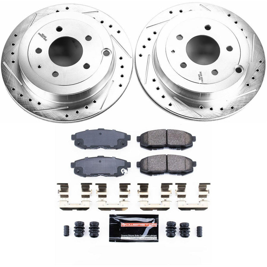 Power Stop K4601 Z23 Rear Carbon Fiber Brake Pads with Drilled & Slotted Brake Rotors Kit For Mazda MPV 2004-2006 [Model Specific]