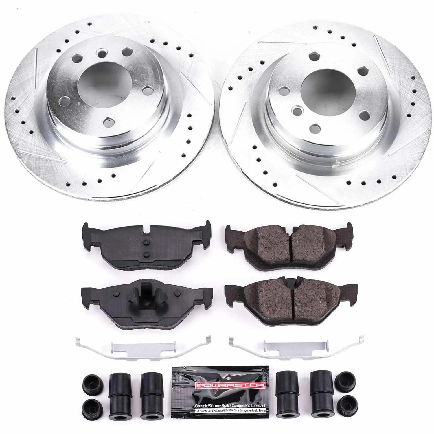 Rear Power Stop K044 Z23 Carbon Fiber Brake Pads with Drilled & Slotted Brake Rotors Kit and 1 Rear Sensor Wire For BMW 325i 2006, BMW 328i 2007-2010 [Model Specific]