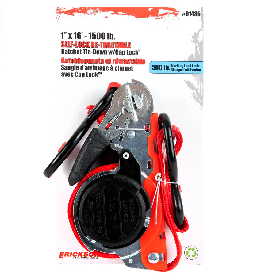 Retractable Ratchet Tie Down Strap Erickson - 1 in x 16 ft - 1500 lb Break Strength, Red Webbing, Self-Locking, Cap Lock Hooks - Heavy Duty for Truck, Trailer, ATV, UTV, Vehicle Cargo