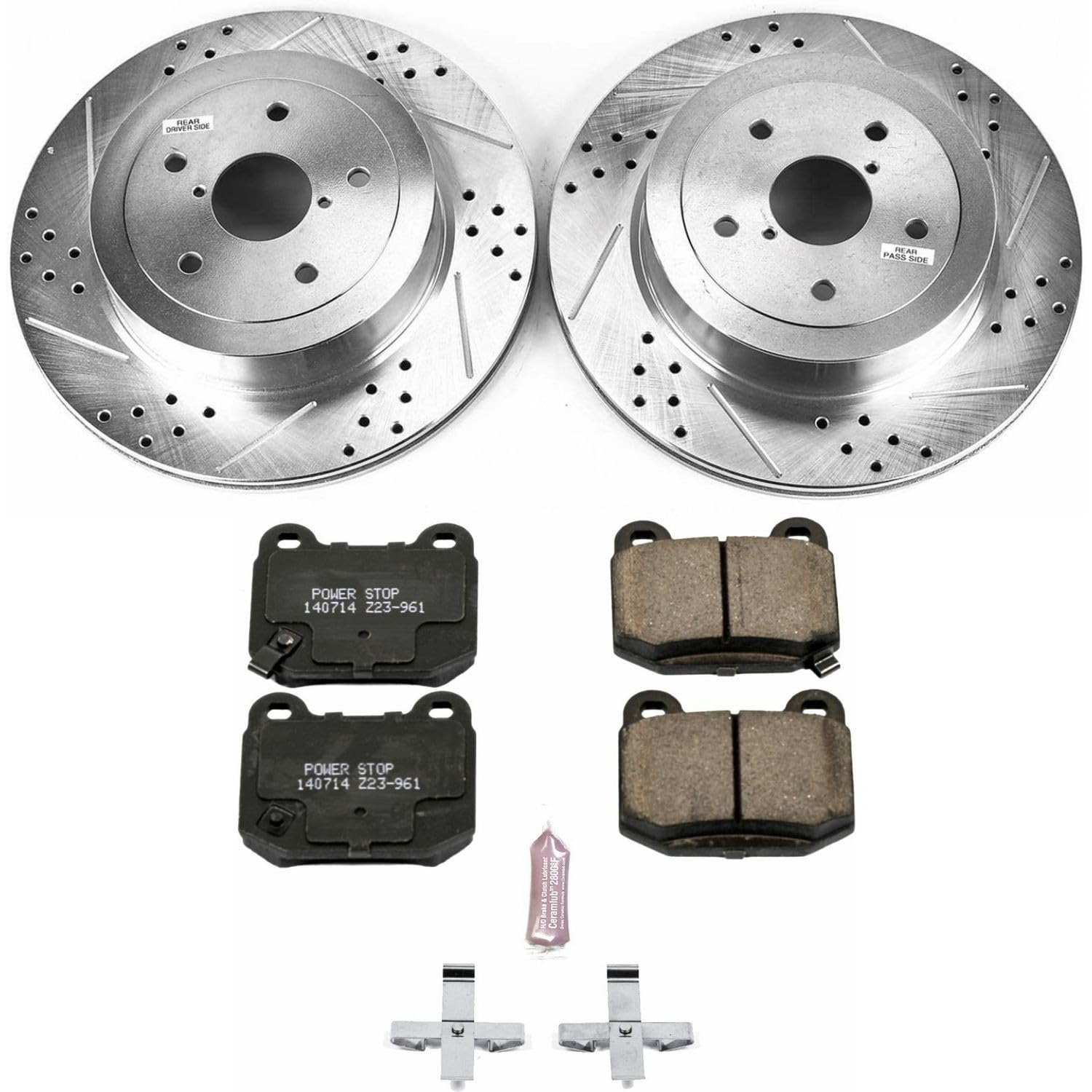 Power Stop K2913 Z23 Carbon Fiber Brake Pads with Drilled & Slotted Brake Rotors Kit For Subaru Impreza 2005-2007 [Model Specific]
