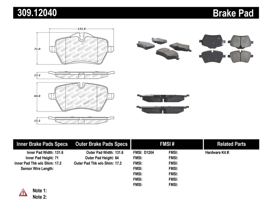 Sport Brake Pads StopTech 309.12040 with Shims and Hardware