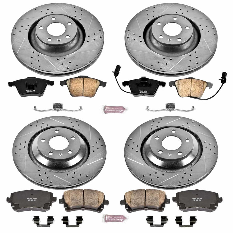 Power Stop K4013 Z23 Carbon Fiber Brake Pads Front and Rear with Drilled & Slotted Brake Rotors Kit For Audi A6 2006, Audi A6 Quattro 2005-2011 [Model Specific]