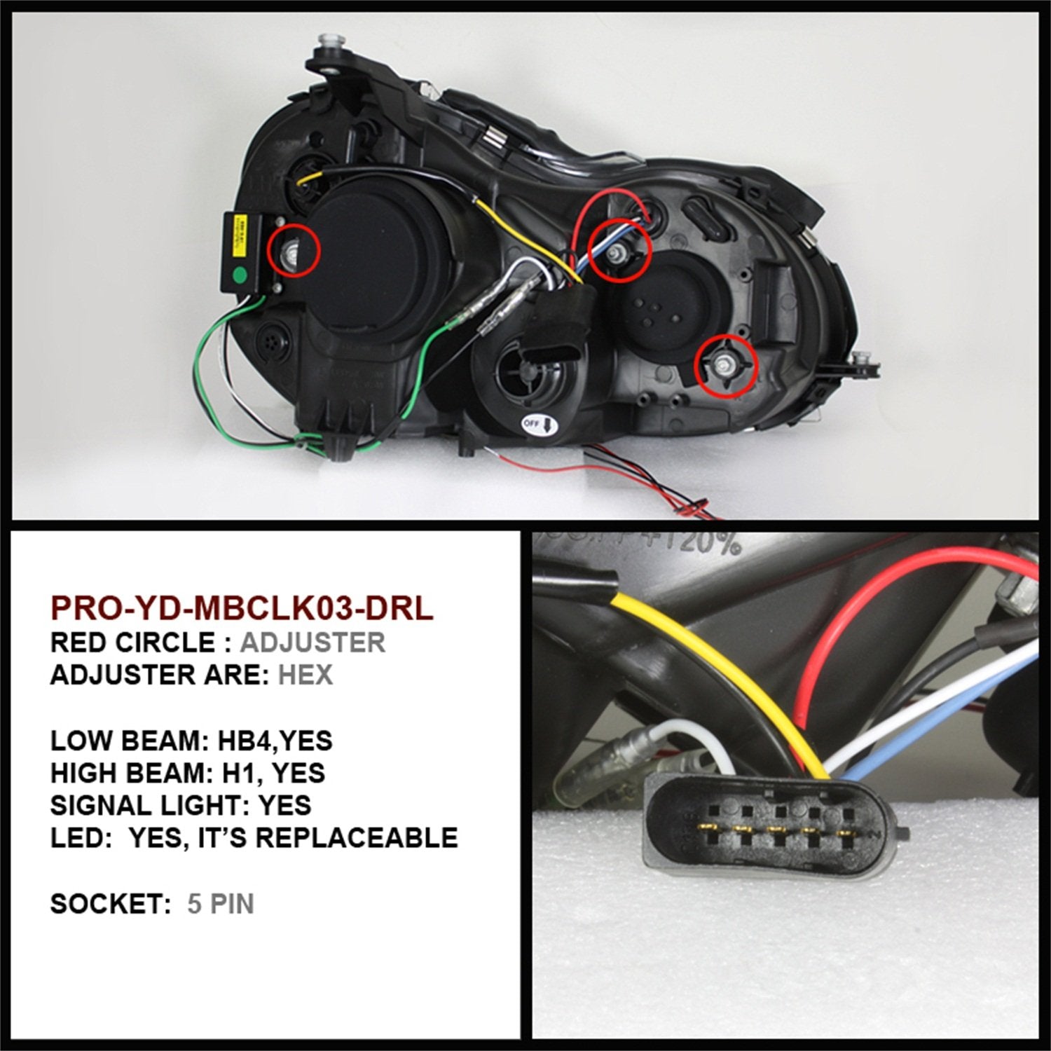 Mercedes Benz CLK 03-09 Spyder 5038036 Projector Headlights - Halogen Model Only (Not Compatible With Xenon/HID Model) - LED Halo - DRL - Black - High H1 (Included) - Low H7 (Included)