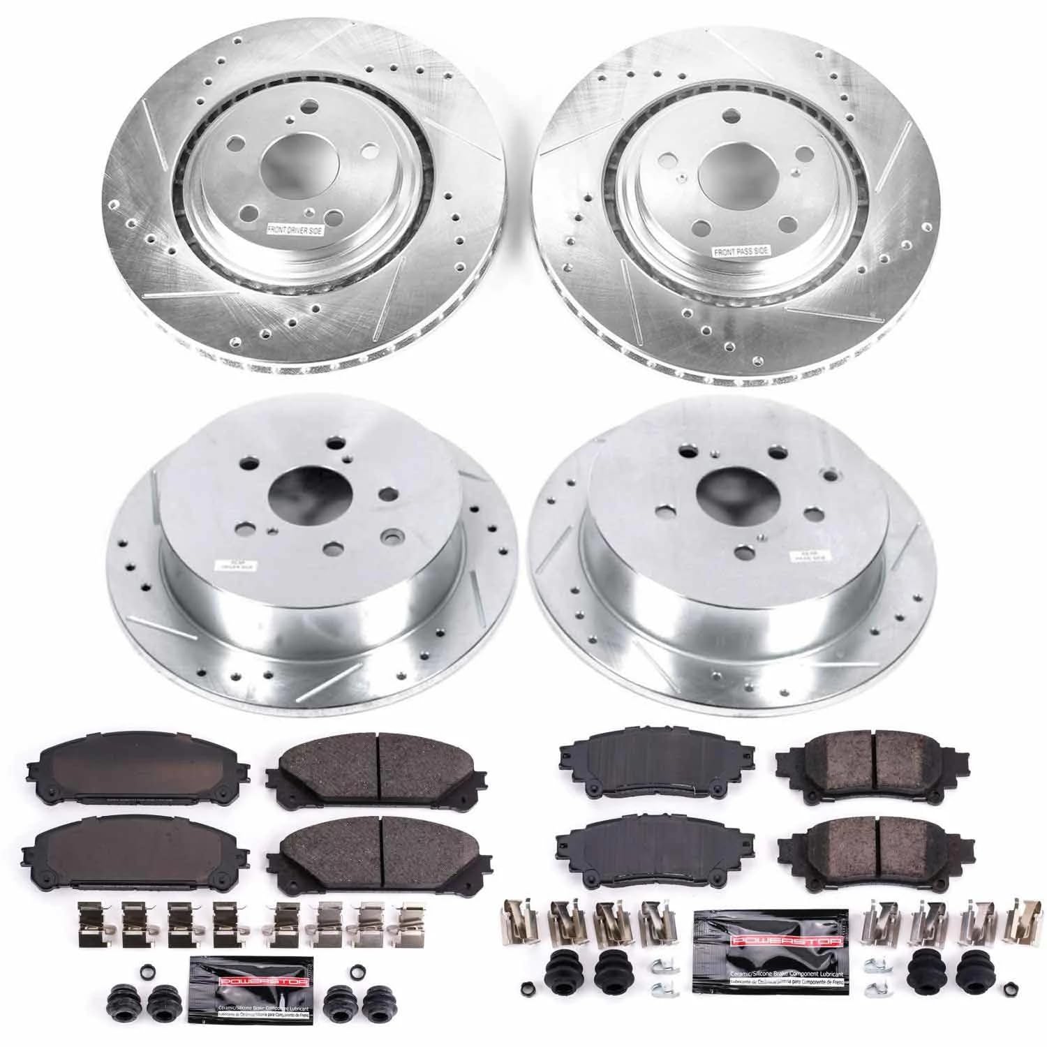 Brake Kit Power Stop For Lexus RX350 RX450, Toyota Highlander, Sienna - Front and Rear Z23 Carbon Fiber Brake Pads with Drilled and Slotted Brake Rotors Replacement, K5828