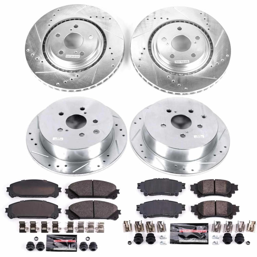 Brake Kit Power Stop For Lexus RX350 RX450, Toyota Highlander, Sienna - Front and Rear Z23 Carbon Fiber Brake Pads with Drilled and Slotted Brake Rotors Replacement, K5828