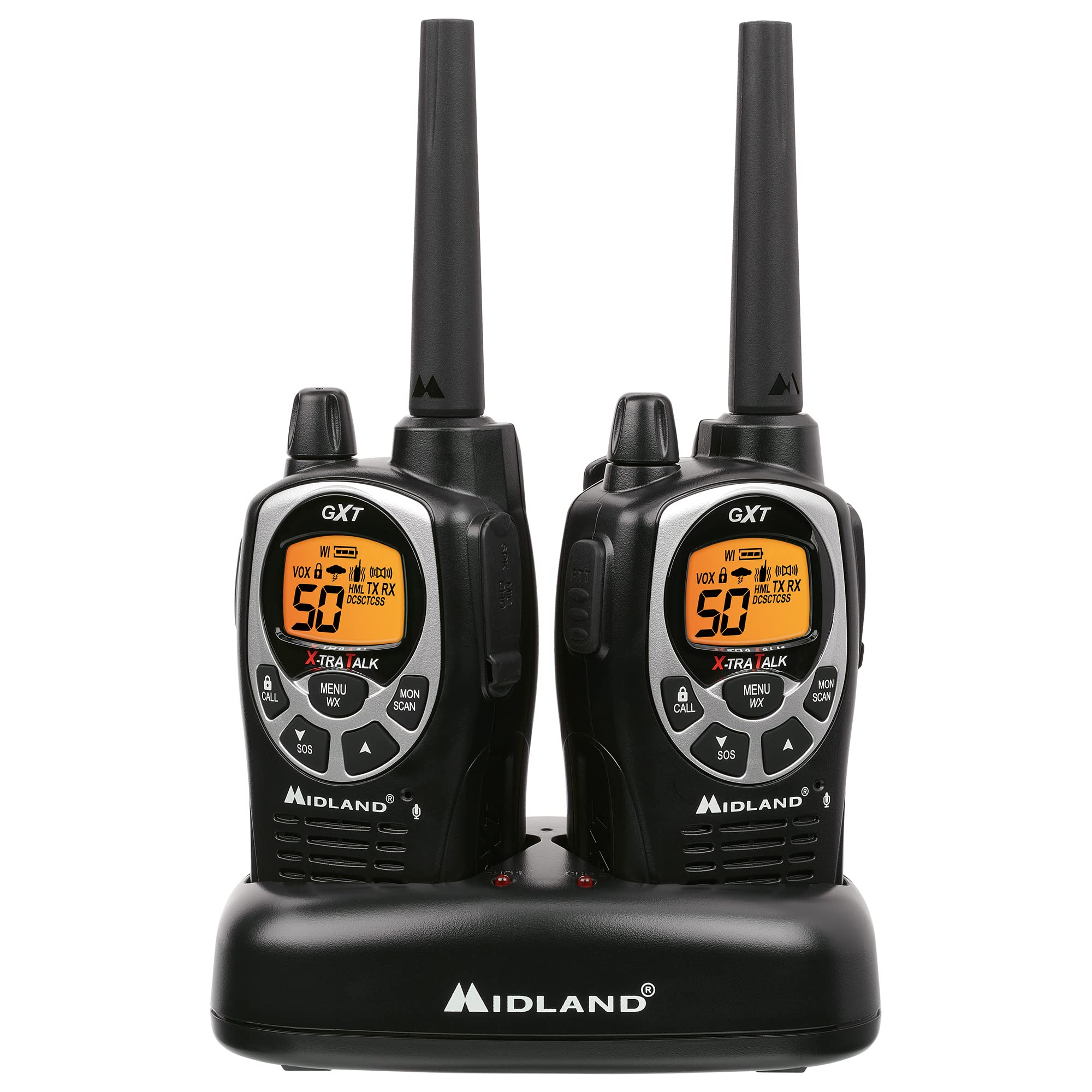 Midland Two-Way Radio 50 Channel GMRS - Long Range Walkie Talkie with 142 Privacy Codes, SOS Siren, and NOAA Weather Alerts and Weather Scan (Black/Silver, Pair Pack)