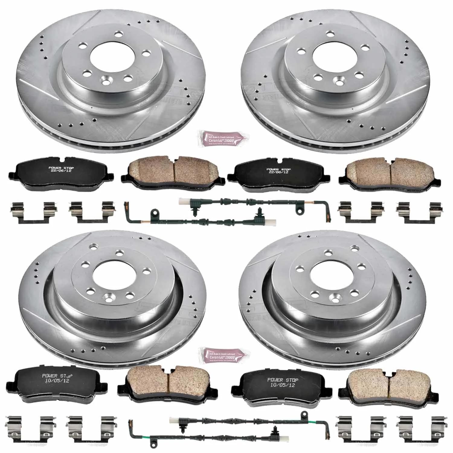 Power Stop K4059 Z23 Carbon Fiber Brake Pads Front and Rear with Drilled & Slotted Brake Rotors Kit and 1 Front & 1 Rear Sensor Wires For Land Rover LR3 2005-2009 [Model Specific]