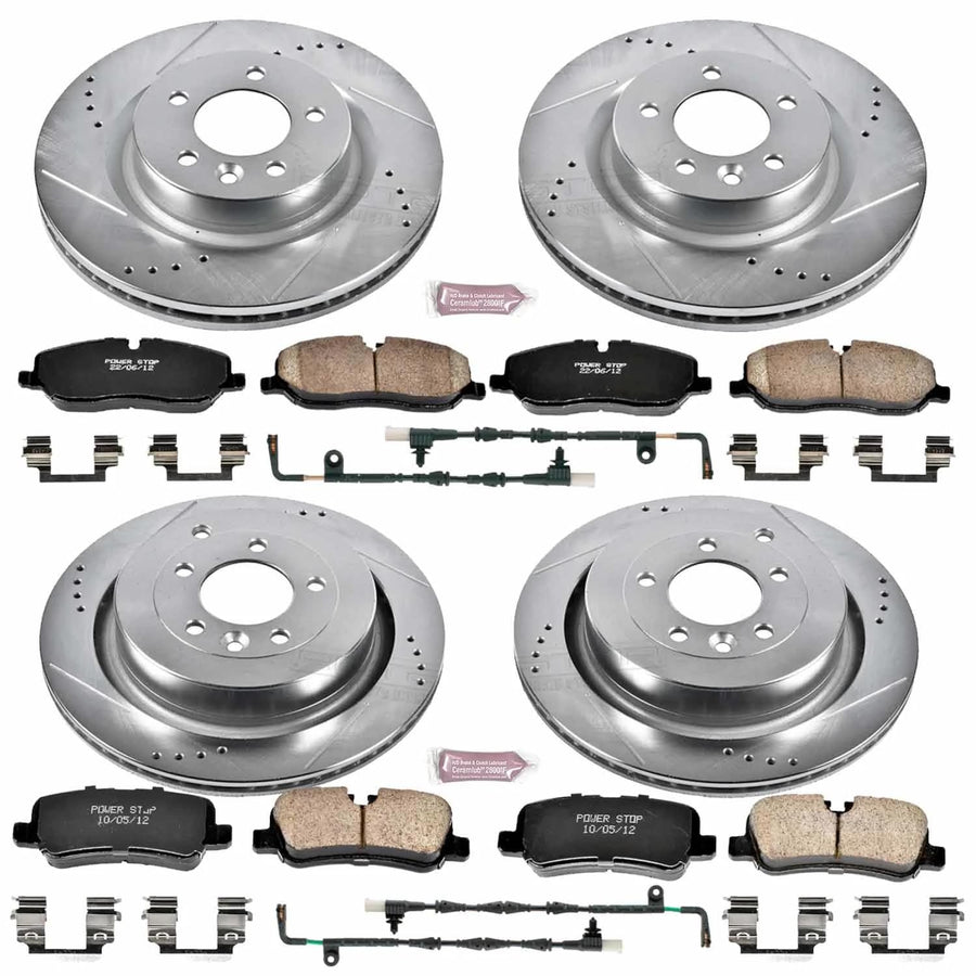 Power Stop K4059 Z23 Carbon Fiber Brake Pads Front and Rear with Drilled & Slotted Brake Rotors Kit and 1 Front & 1 Rear Sensor Wires For Land Rover LR3 2005-2009 [Model Specific]
