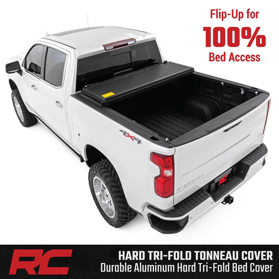 Low-Profile Rough Country Hard Tri-Fold Tonneau Cover for Chevy Silverado & GMC Sierra 1500 (2019-2026) - Aluminum Truck Bed Cover, Fits 6'7 Bed