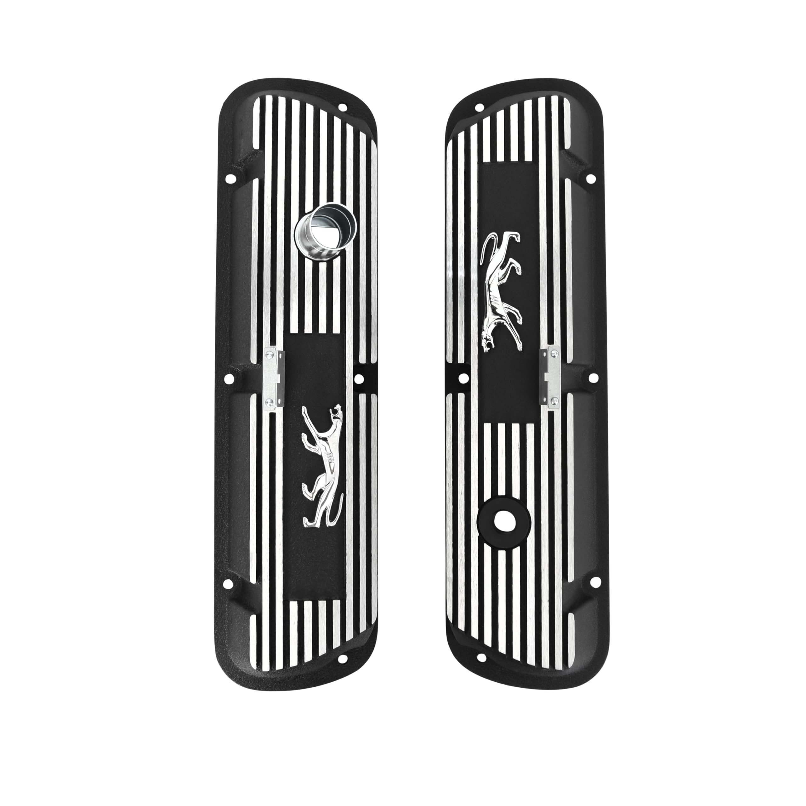 Aluminum Valve Covers Scott Drake with Official Cougar Emblem and Lettering in a Silver Powder Coated Finish, Compatible with 1967-1973 Ford Mercury Cougar, Model 6A582-CO